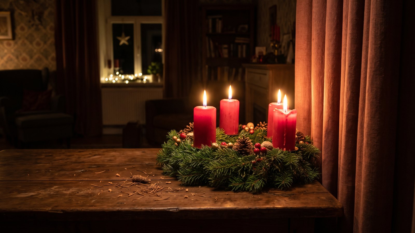 Adventskranz mit vier brennenden roten Kerzen auf einem Holztisch, daneben ein Vorhang und trockene Tannennadeln