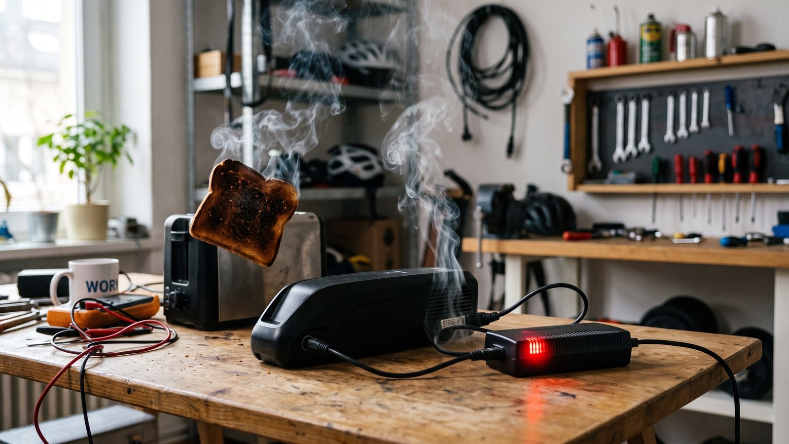 Symbolbild eines Lithium-Ionen-Akkus mit blinkender roter Warnleuchte während des Ladevorgangs in einer Wohnung