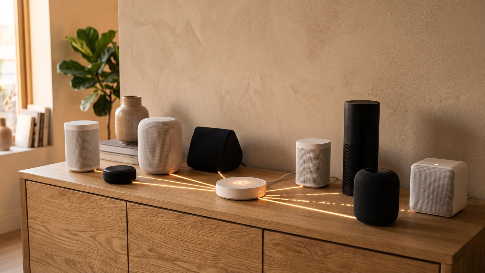 Symbolbild eines Wohnzimmer-Sideboards mit mehreren unterschiedlichen smarten Geräten und einem zentralen Hub, zwischen denen leuchtende Datenlinien teils verbunden und teils unterbrochen sind