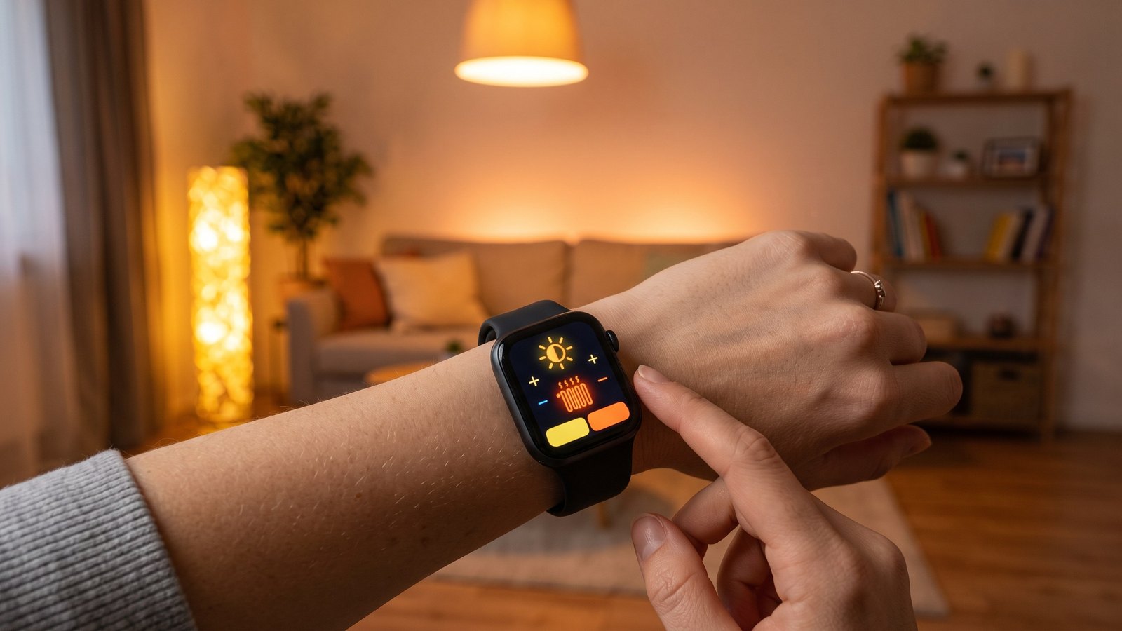 Smartwatch am Handgelenk zeigt eine Smart-Home-App mit Licht- und Heizungssteuerung