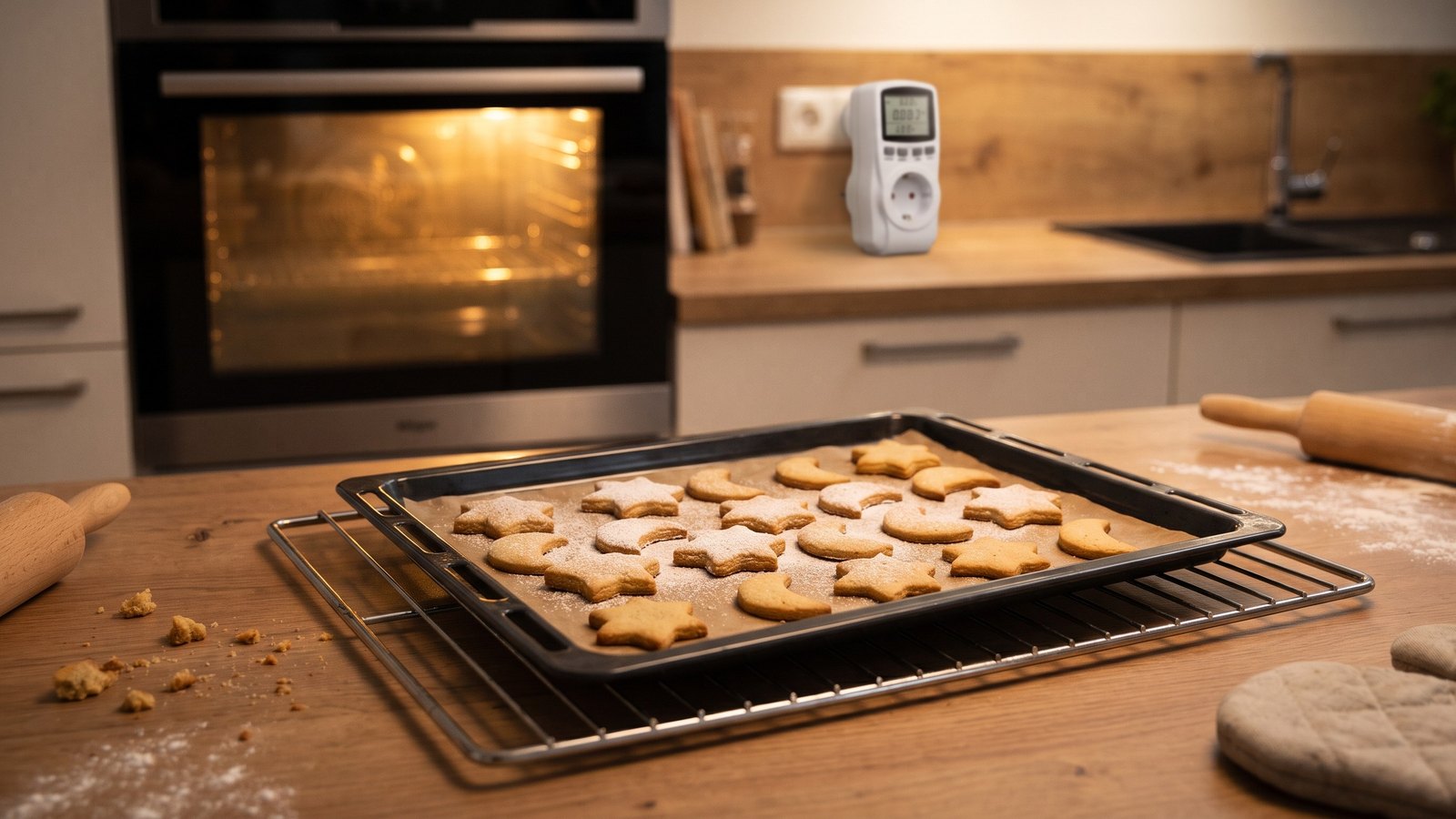 Backblech mit frisch gebackenen Weihnachtsplätzchen auf einem Gitter vor einem Backofen, daneben ein Strommessgerät