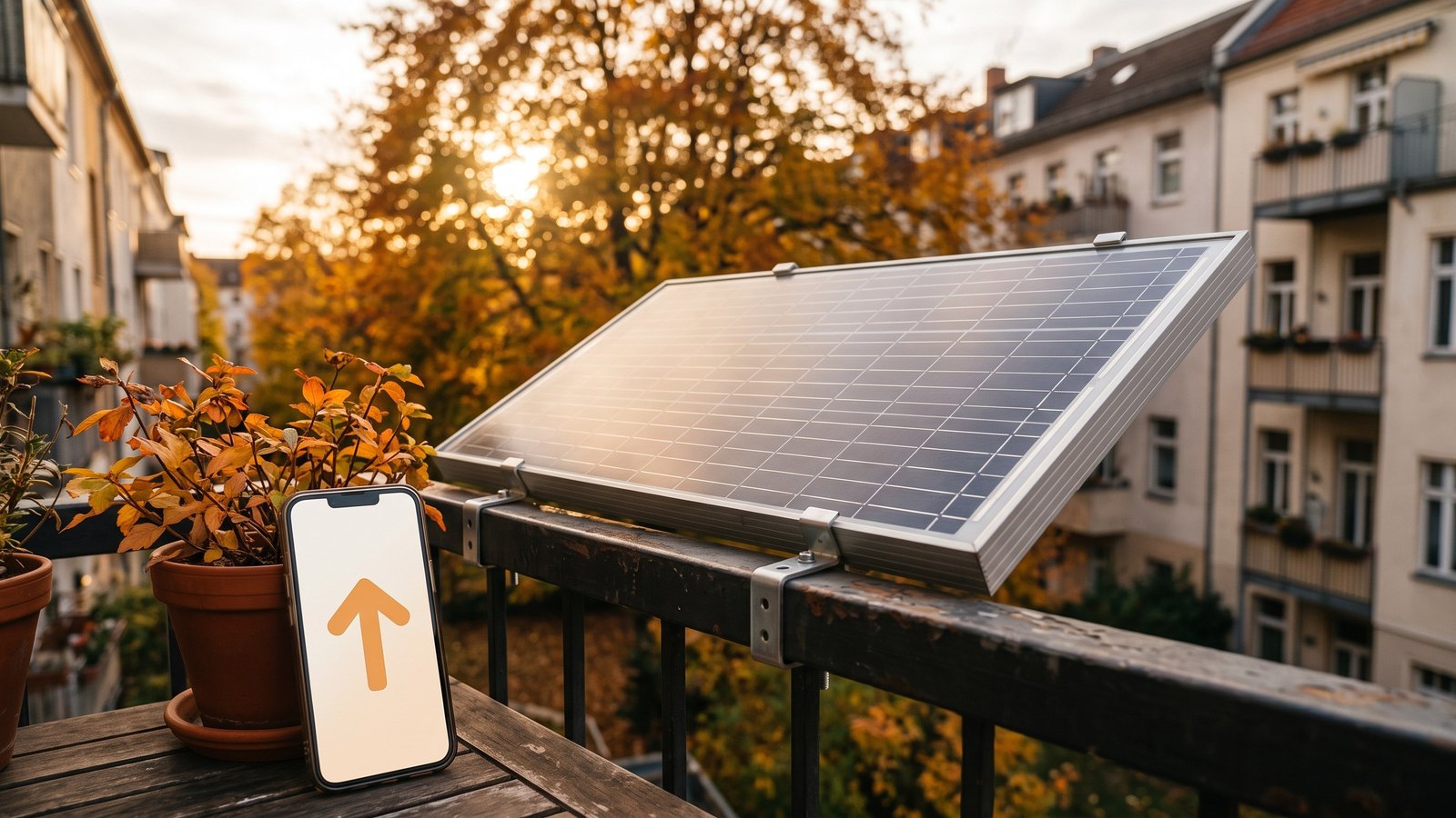 Symbolbild: Solarmodul auf einem Balkon mit steigender Preisanzeige