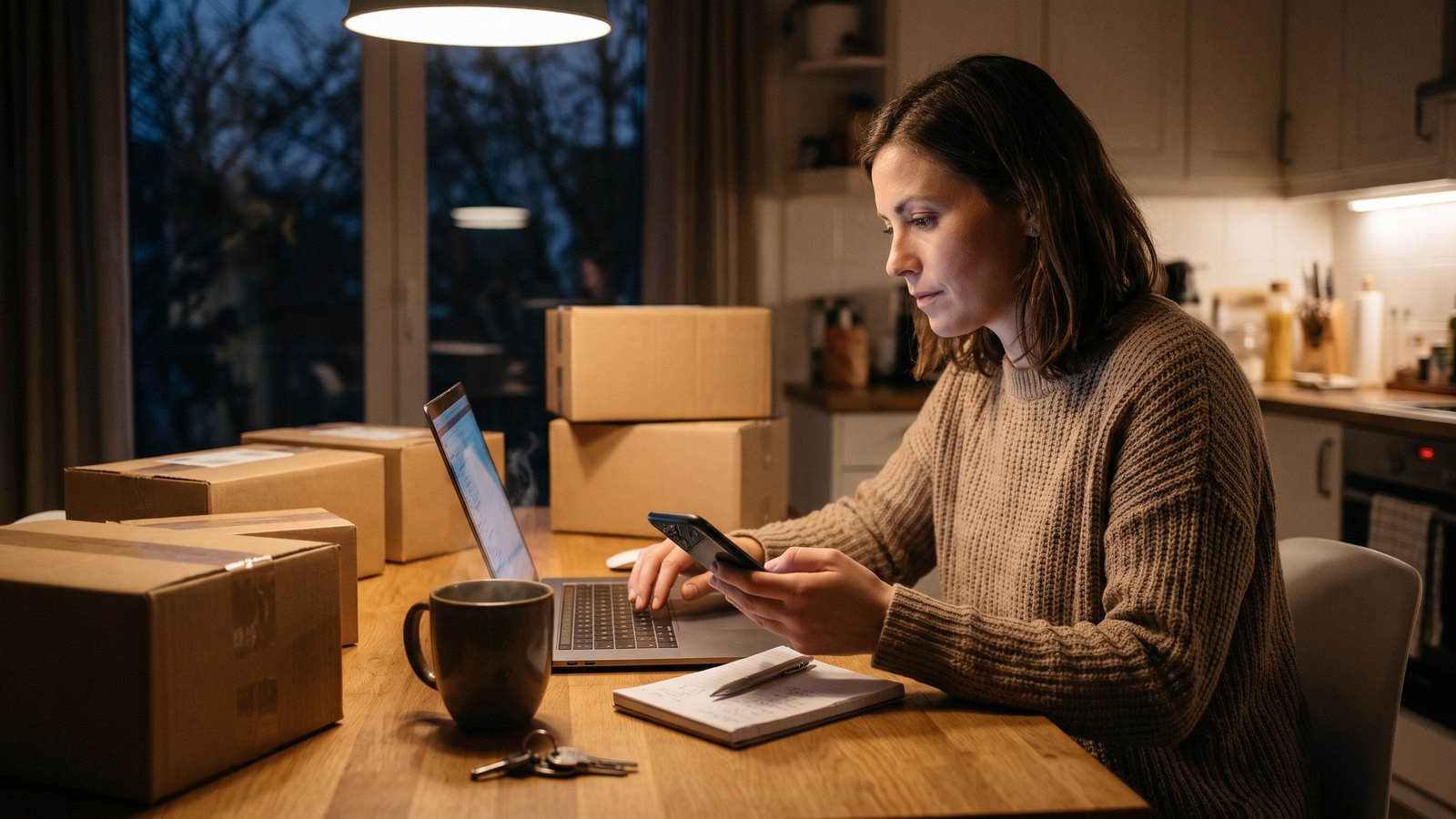 Frau am Küchentisch vergleicht abends auf Laptop und Smartphone Preise, daneben Paketkartons, Notizblock und eine Tasse
