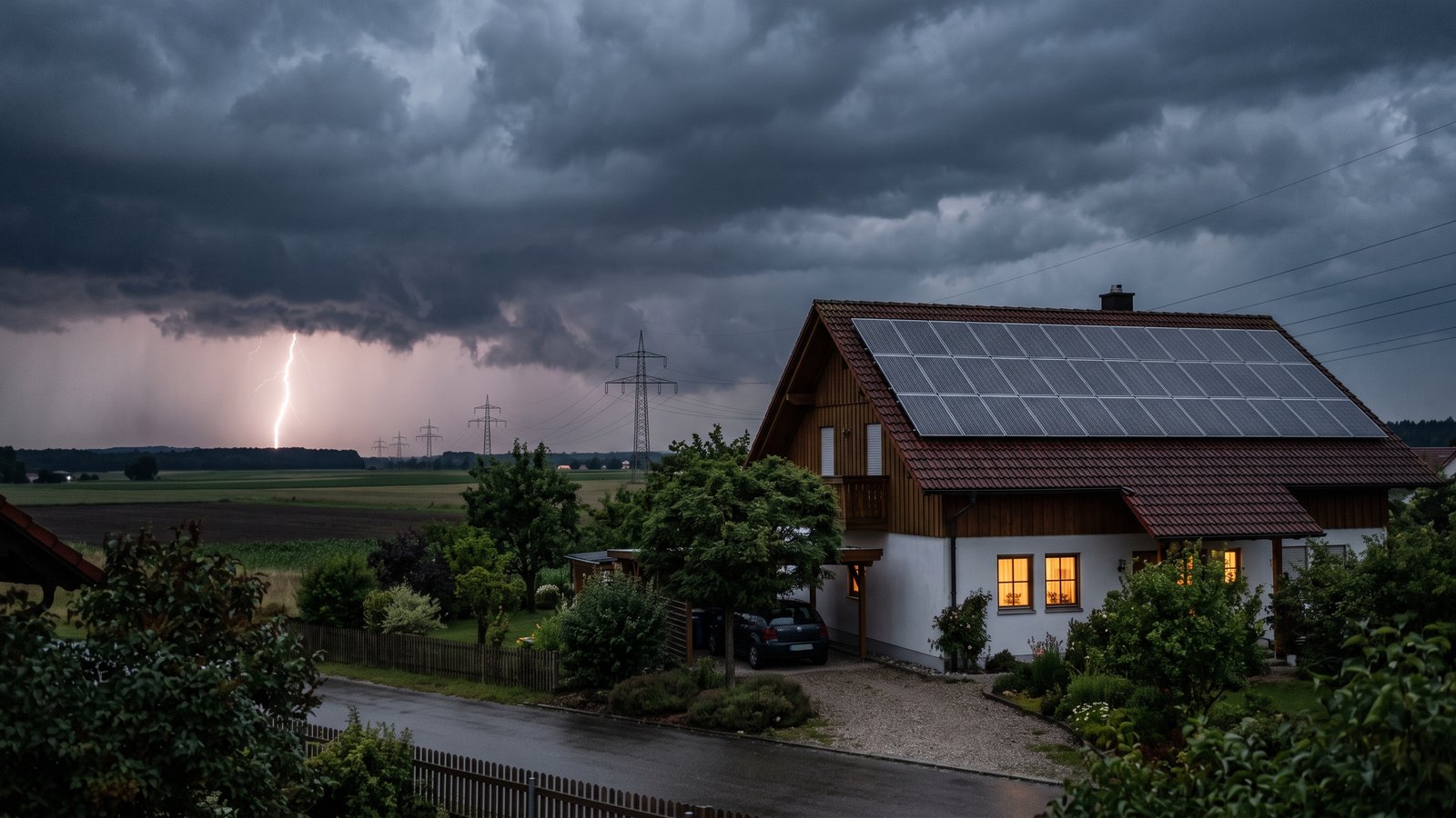 Einfamilienhaus mit Photovoltaikanlage auf dem Dach an einem Sommerabend, im Hintergrund zieht ein Gewitter auf und ein Blitz schlägt weit entfernt hinter Feldern und Strommasten ein