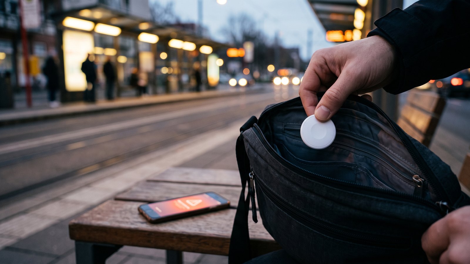 Hand zieht einen weißen runden Bluetooth-Tracker aus dem Innenfach einer Umhängetasche, daneben ein Smartphone mit Warnsymbol an einer Haltestelle