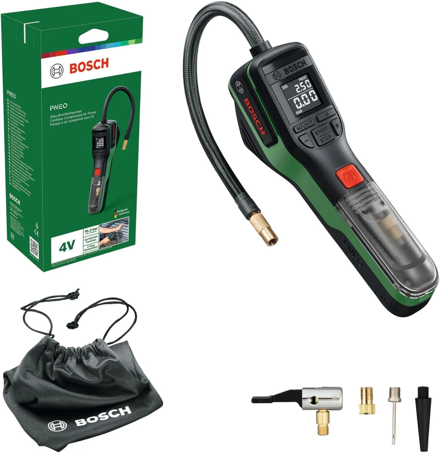 Bosch PNEO Akku-Druckluftpumpe mit 4V-Akku und Adaptern