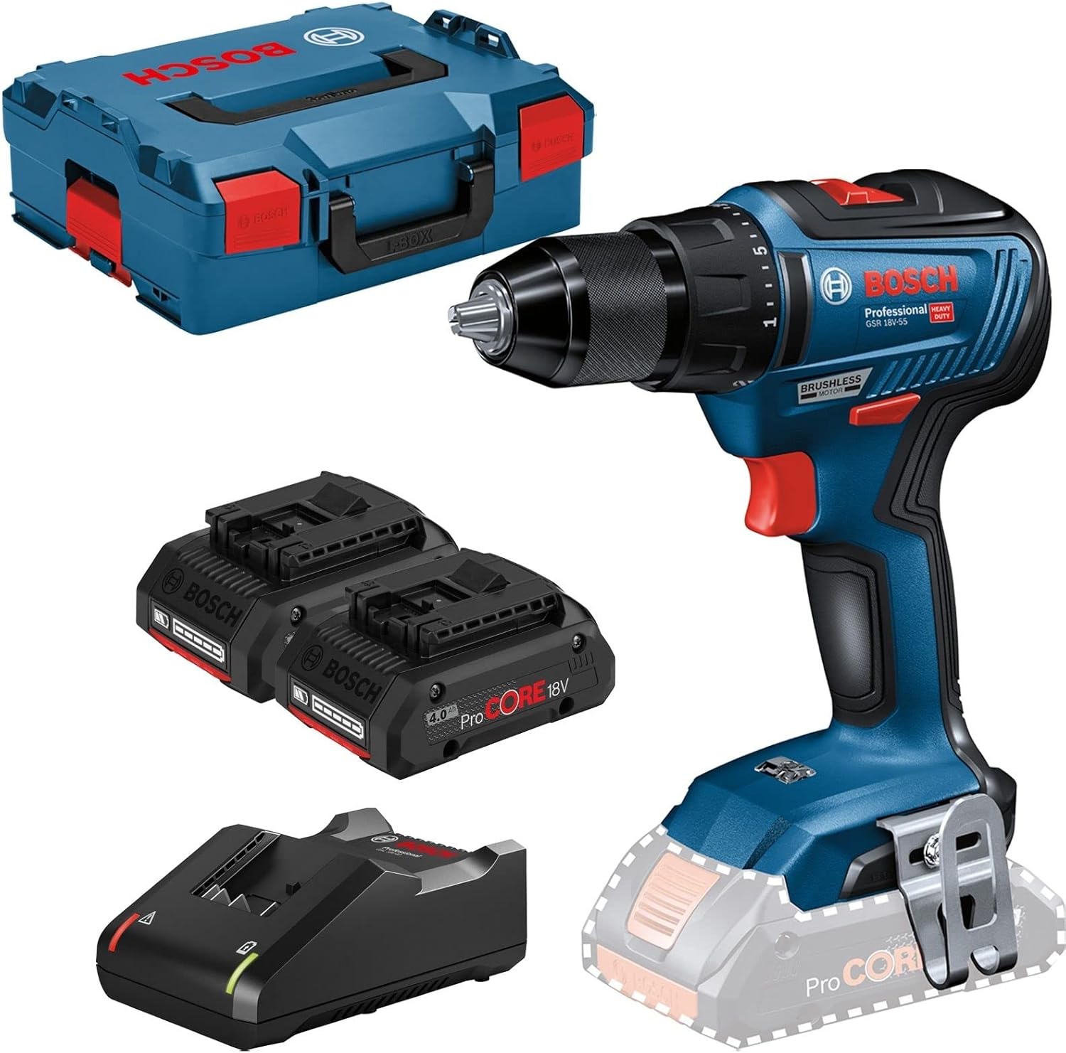 Bosch Professional (GSR 18V-55) Akku-Bohrschrauber & Zubehör-Set (L-BOXX, Akkus, Schnellla