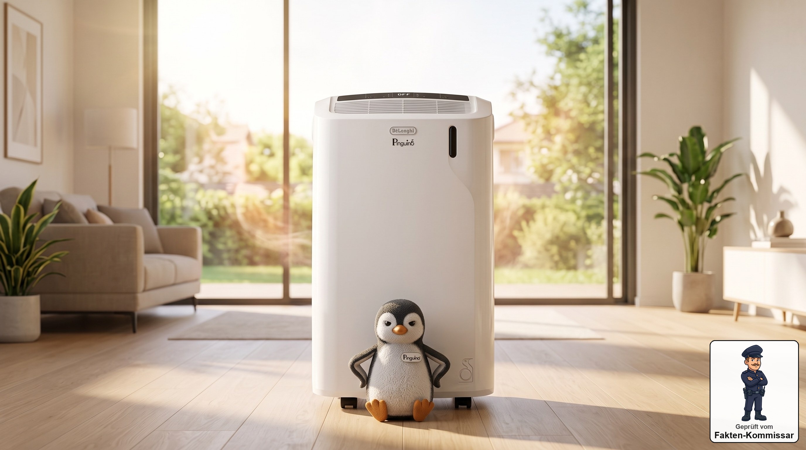 De'Longhi Pinguino PAC EM82K Klimagerät mit Pinguin-Figur davor