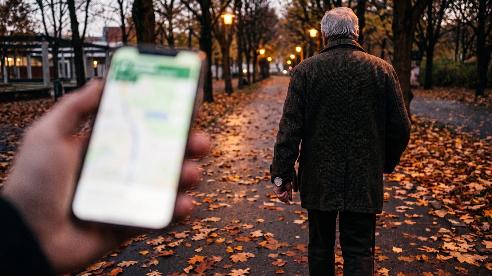 Ältere Person im Mantel von hinten auf einem herbstlichen Gehweg in der Dämmerung, im Vordergrund unscharf ein Smartphone mit Kartenansicht
