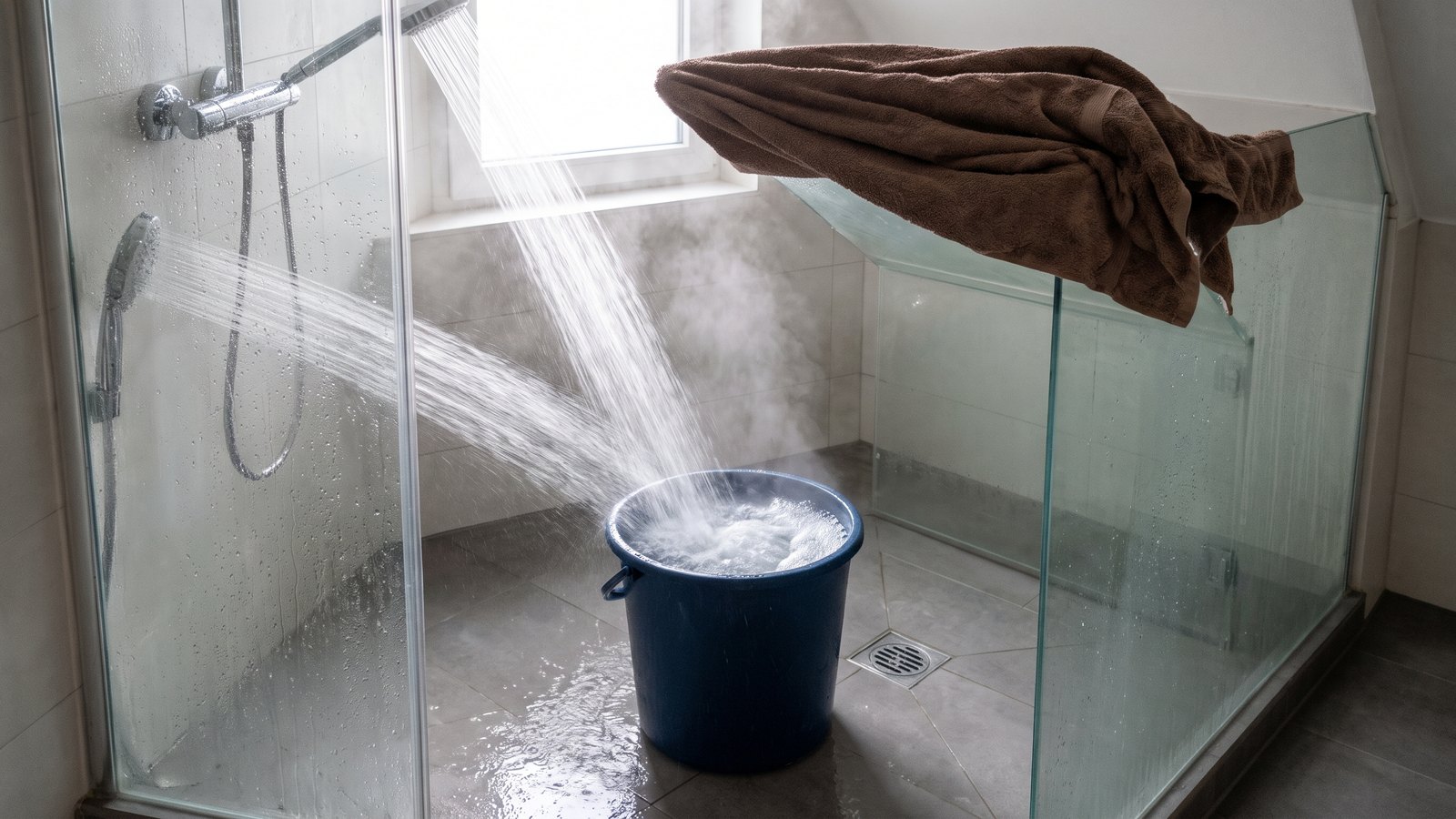 Dusche mit laufendem Wasser, der Strahl füllt einen Eimer für den Durchfluss-Test