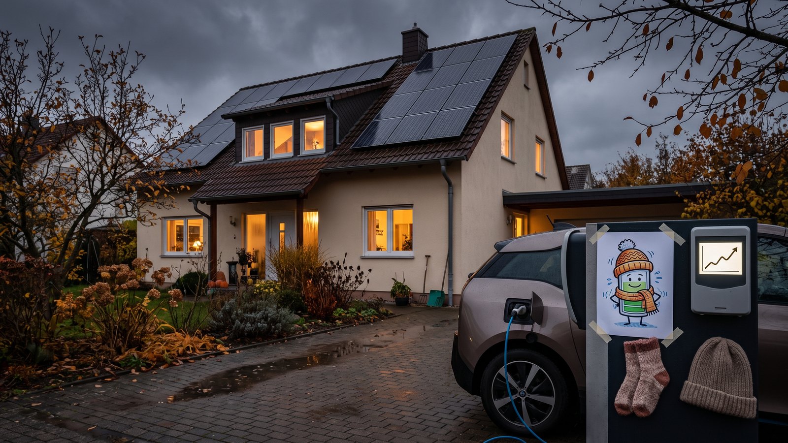 Einfamilienhaus mit PV-Anlage und ladendem E-Auto an der Wallbox in der herbstlichen Abenddämmerung – Symbolbild zum dynamischen Stromtarif vor dem Winter