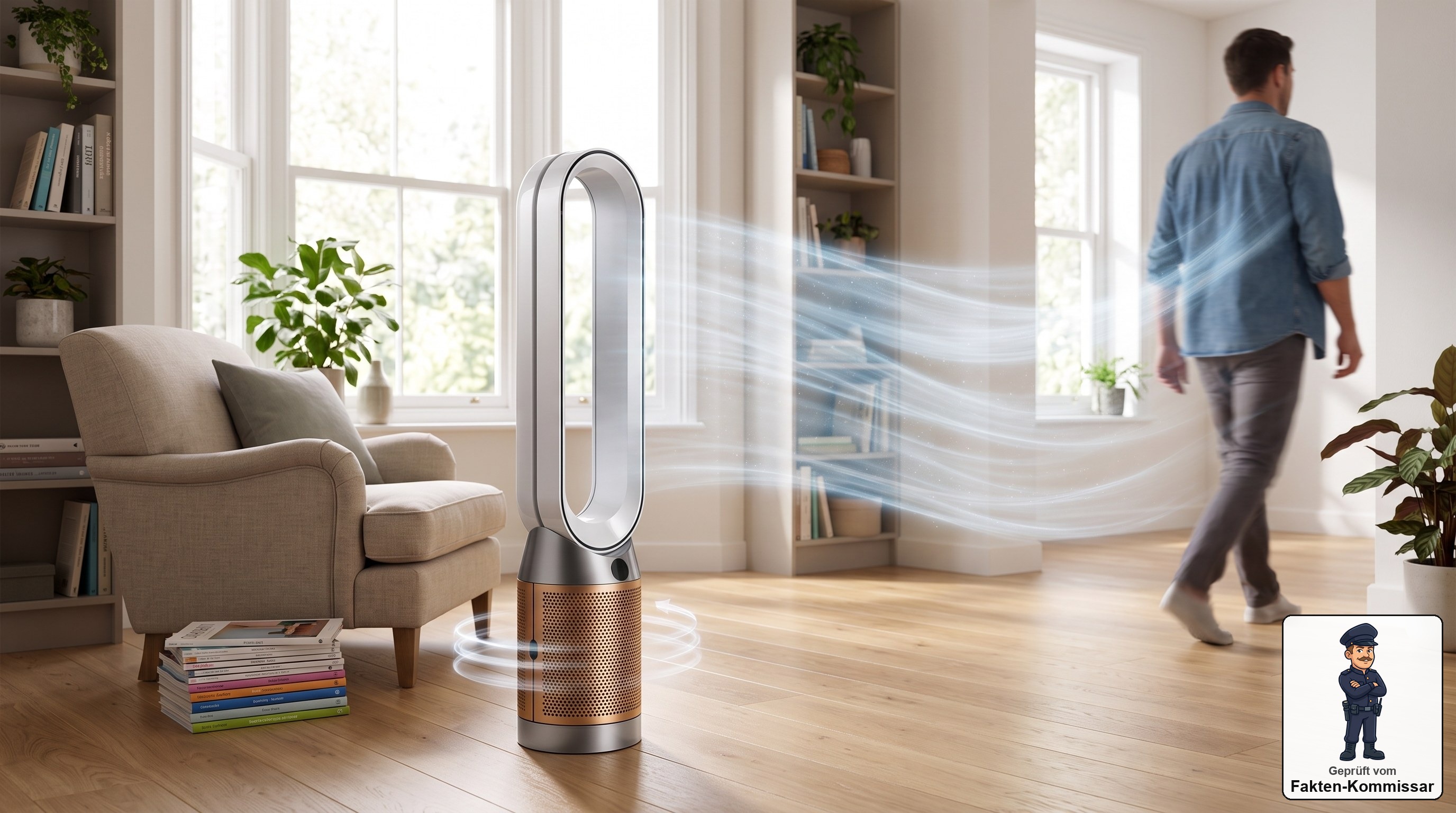 Dyson Find+Follow Purifier Cool PC3, der einer Person mit Luftstrom durchs Zimmer folgt