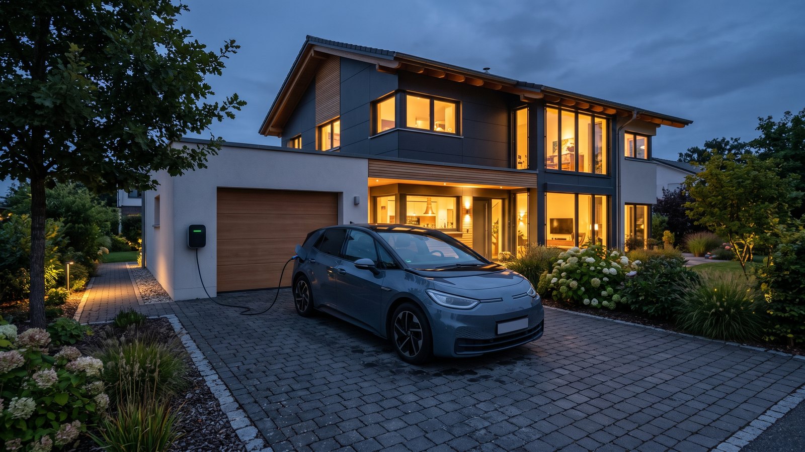 Elektroauto in der Abenddämmerung in der Einfahrt eines Einfamilienhauses, angeschlossen an eine wandmontierte Wallbox, im Haus brennt Licht