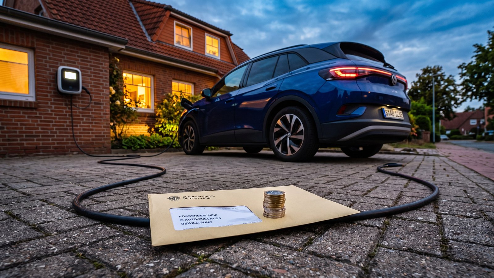 Elektroauto lädt an einer Wallbox in der Einfahrt, Symbolbild für E-Auto-Förderung ohne Wallbox-Zuschuss