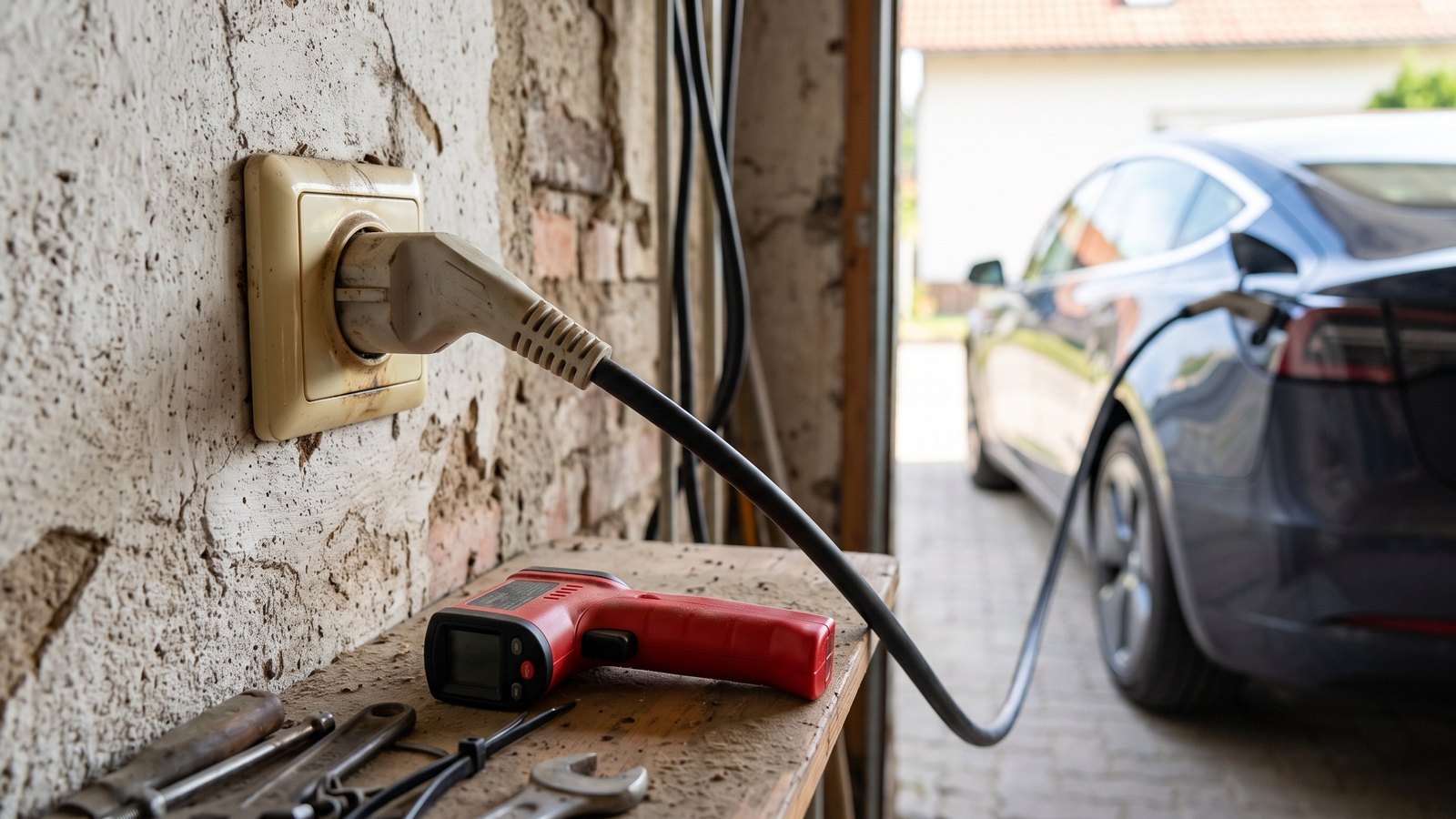 Ladekabel eines Elektroautos in einer Haushaltssteckdose an der Garagenwand, daneben ein Infrarot-Thermometer