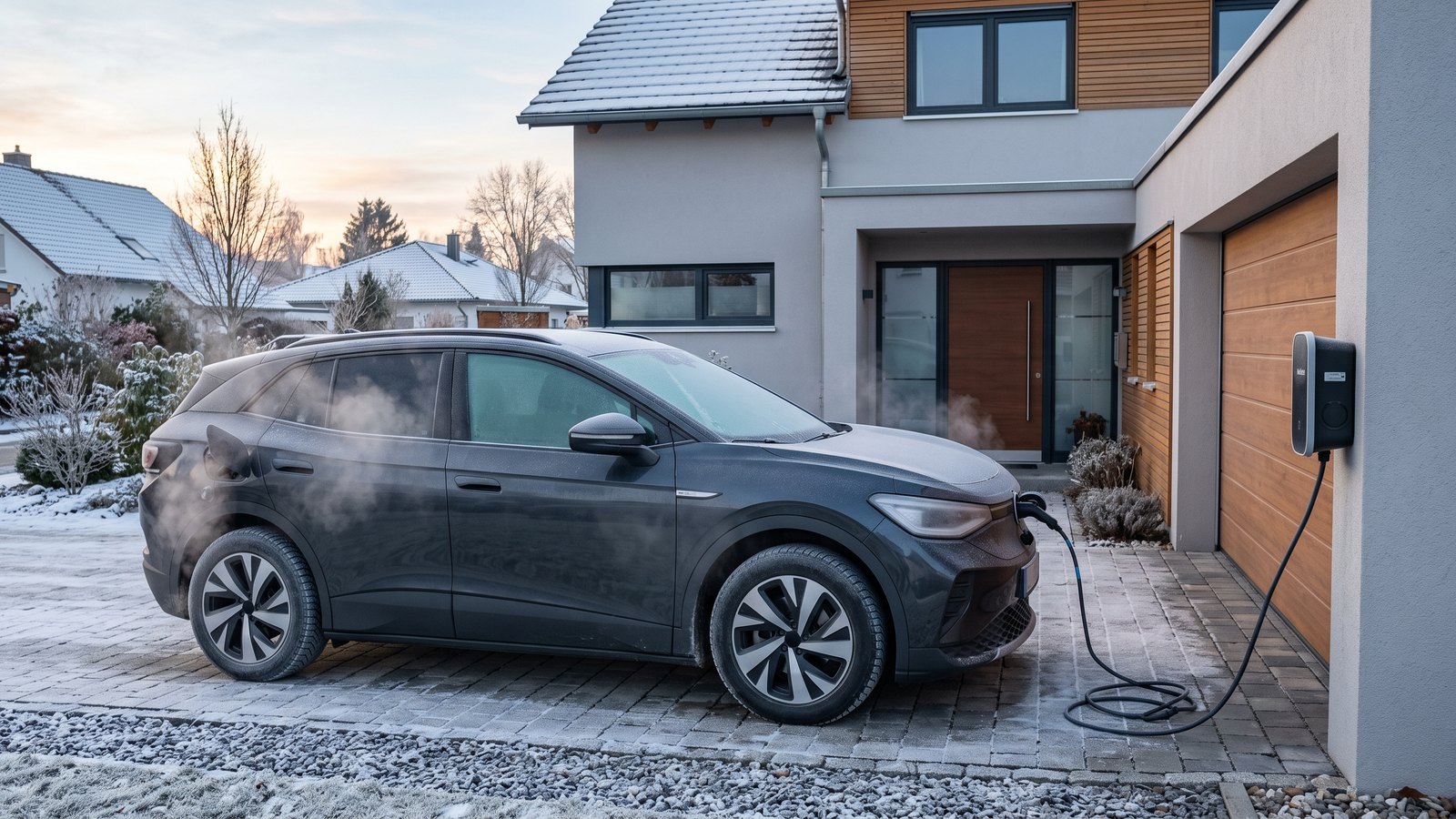 Elektroauto mit Raureif an der Wallbox vor einem Einfamilienhaus an einem kalten Wintermorgen