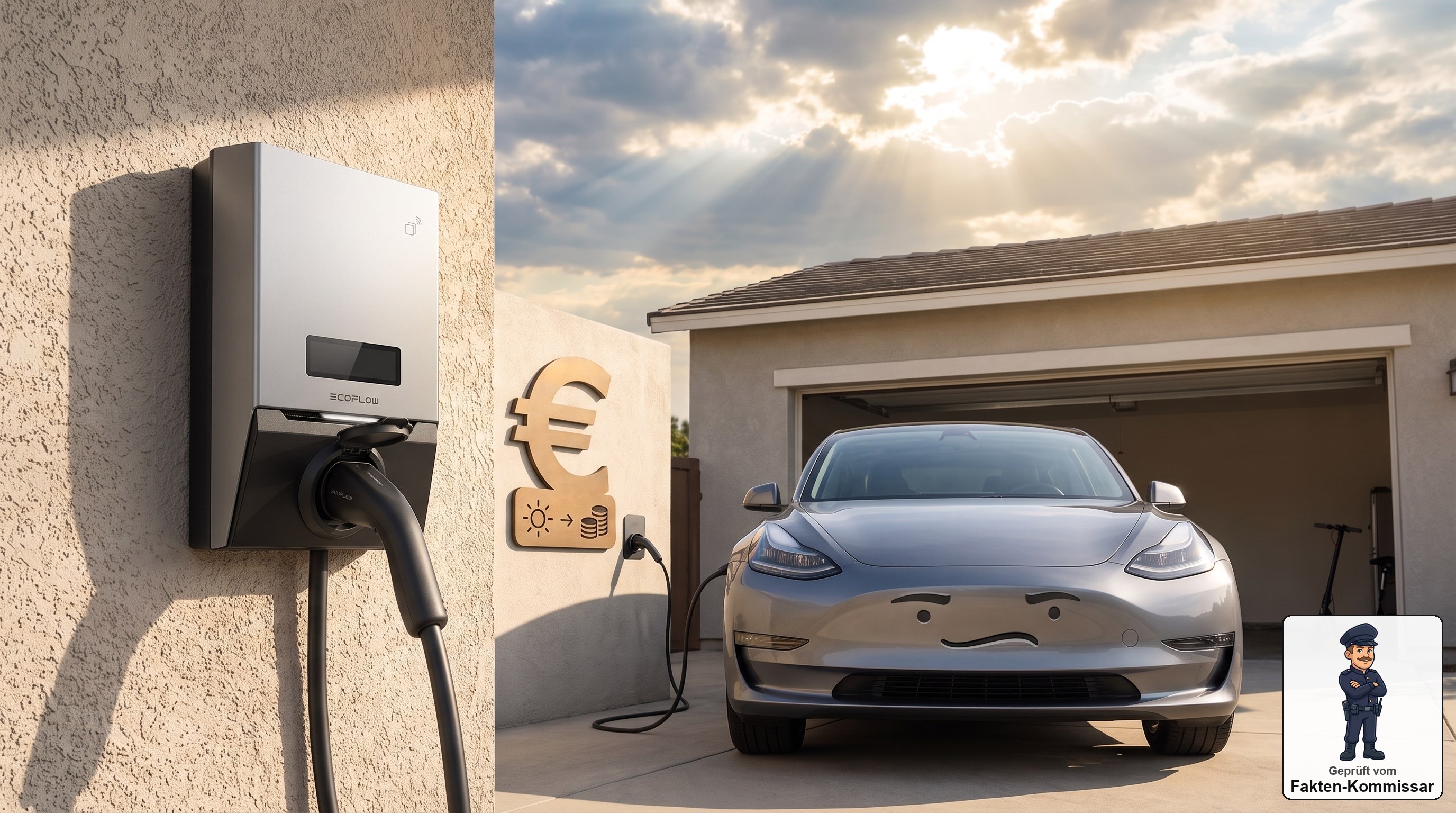 EcoFlow PowerPulse 2 Wallbox, davor wartendes E-Auto bei aufziehender Sonne