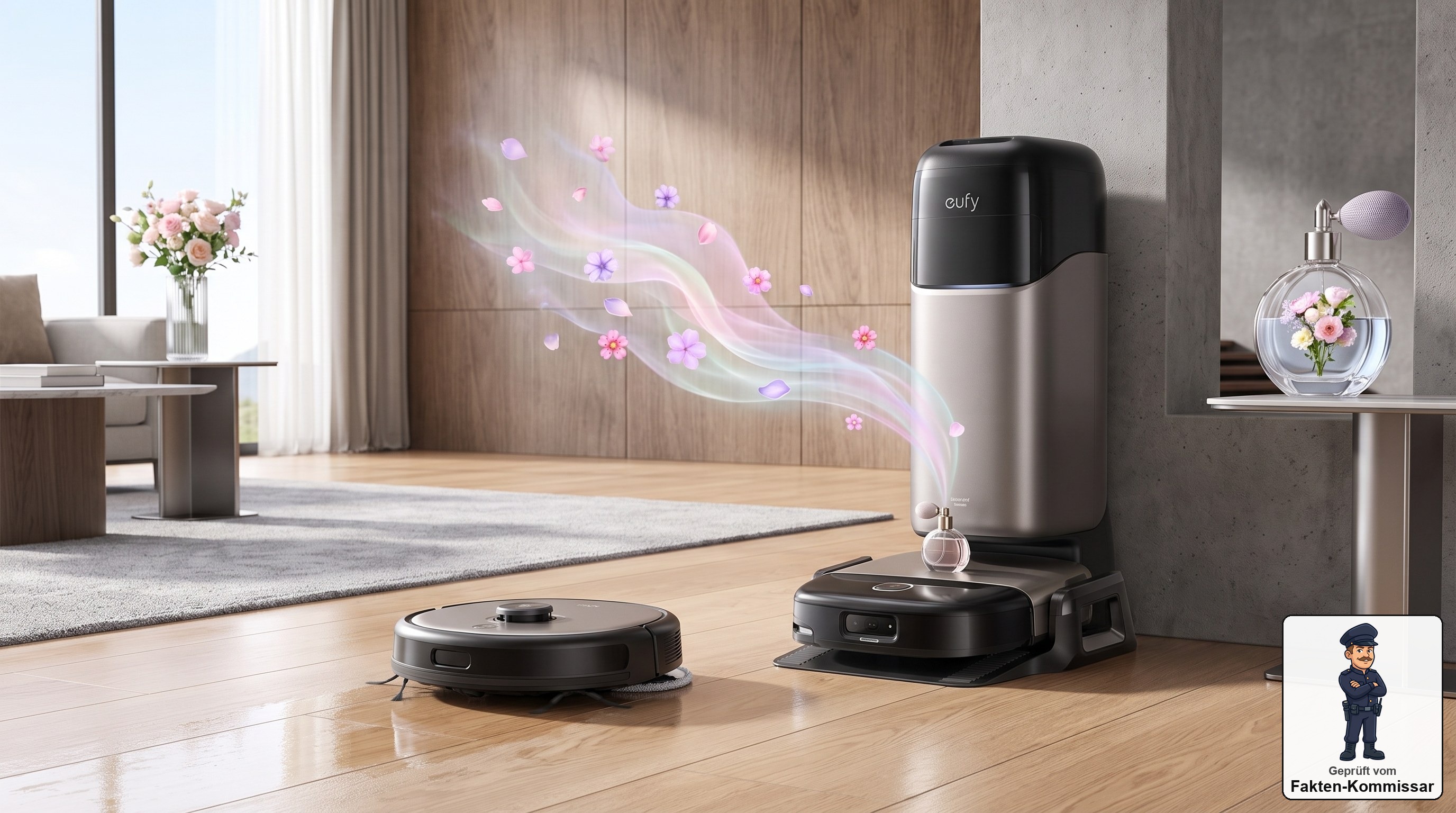 eufy HydroJet S2 Saugroboter verströmt aus seiner Station eine Duftwolke im sauberen Wohnzimmer