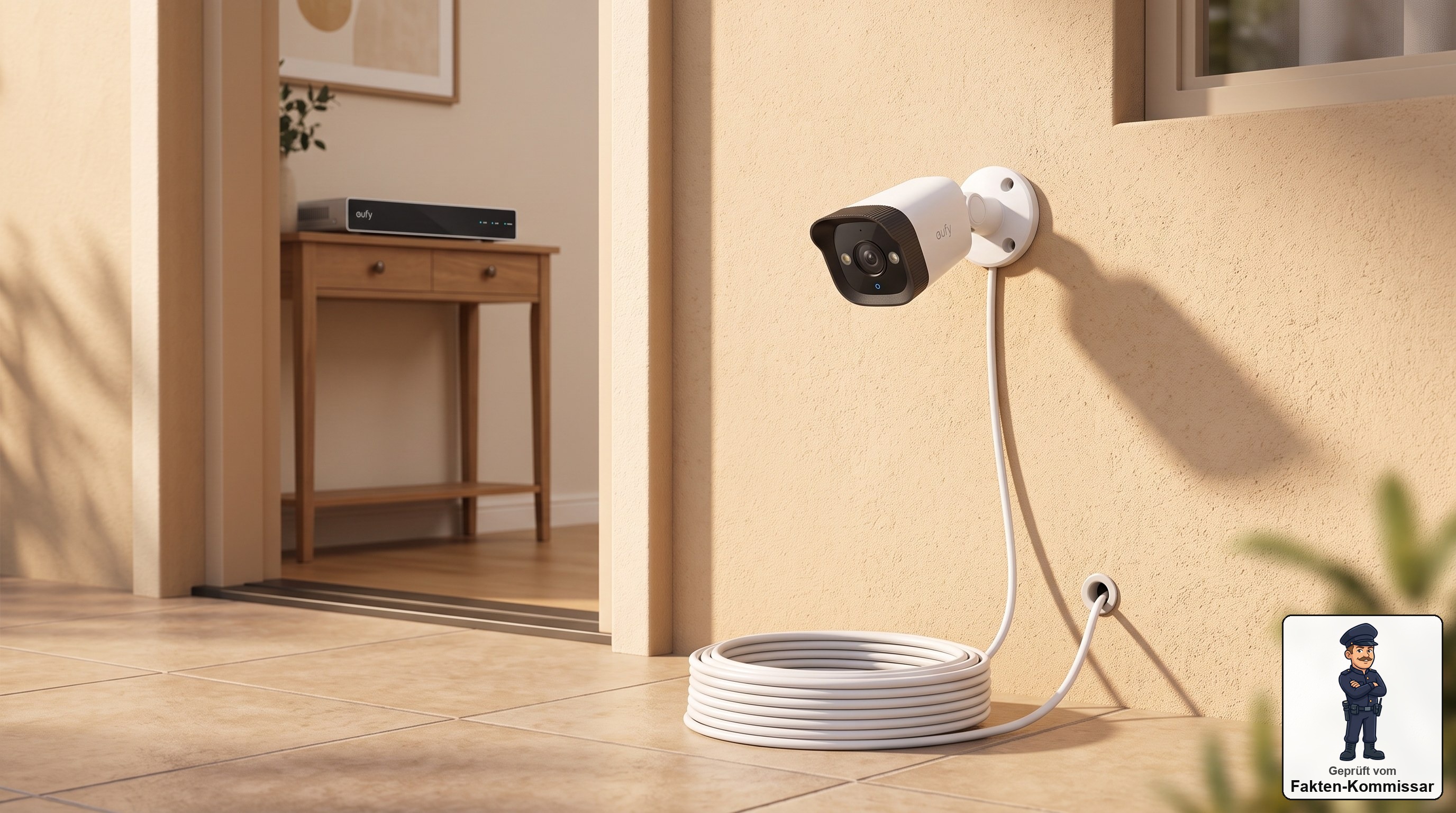 eufy PoE NVR E40 Kamera mit Kabel wie an der Leine, Sinnbild für kabelgebundene Überwachung