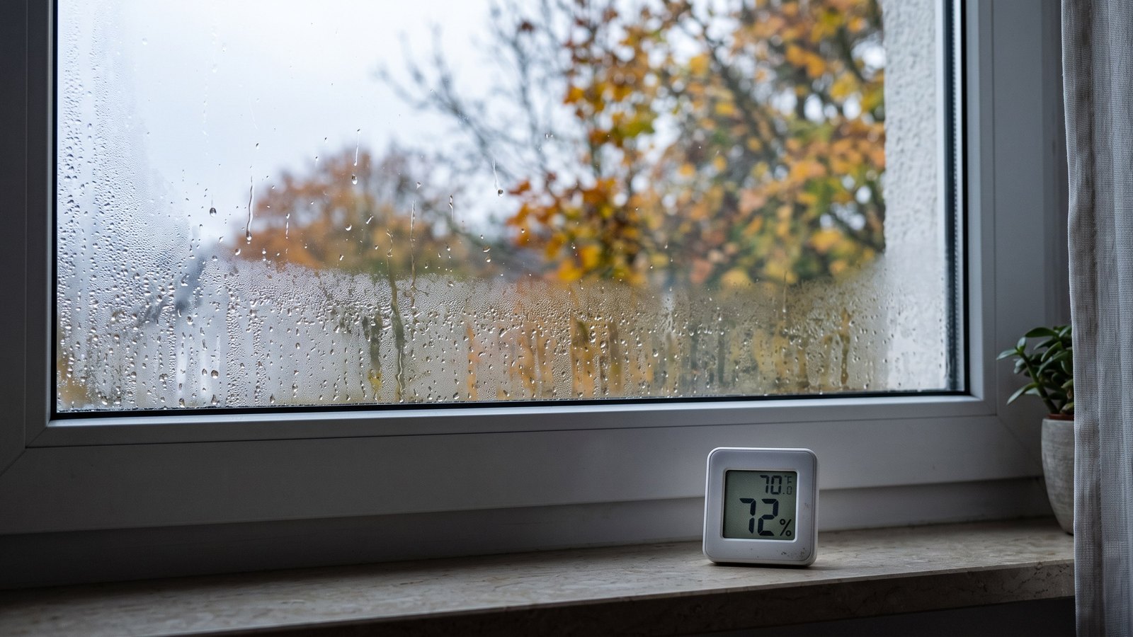 Beschlagenes Wohnzimmerfenster an einem Herbstmorgen, auf der Fensterbank ein Hygrometer mit hoher Luftfeuchtigkeit