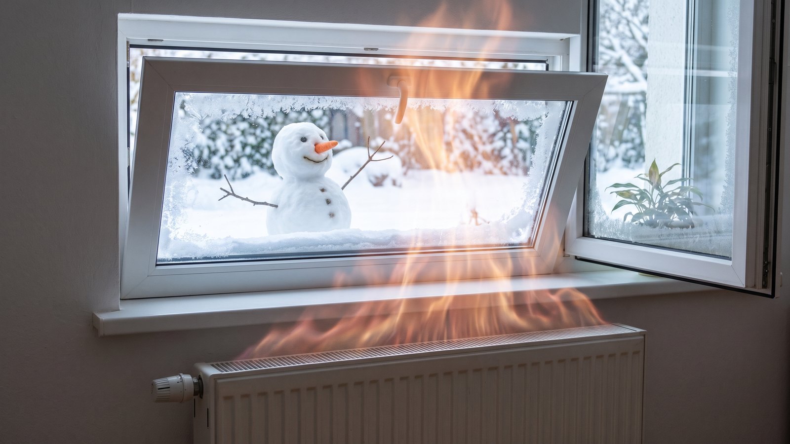 Gekipptes Fenster an einem Wintertag, davor ein Heizkörper, aus dem Wärme nach draußen in den Schnee entweicht