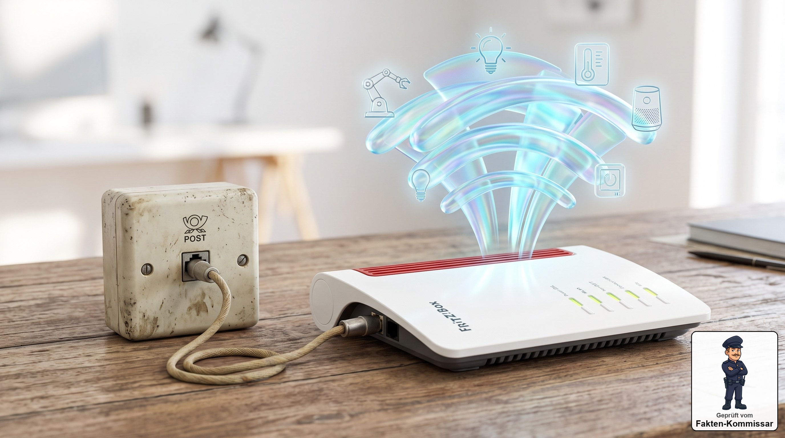 FRITZ!Box 7630 an klassischer Telefondose mit modernen Wi-Fi-7- und Smart-Home-Symbolen