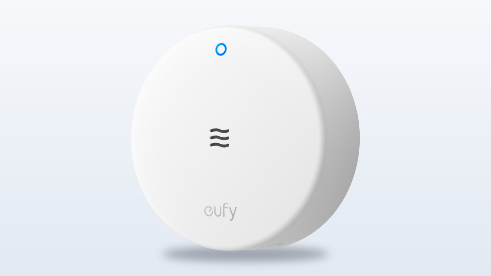 Weißer eufy Wasser- und Frostsensor E20 vor hellem Hintergrund