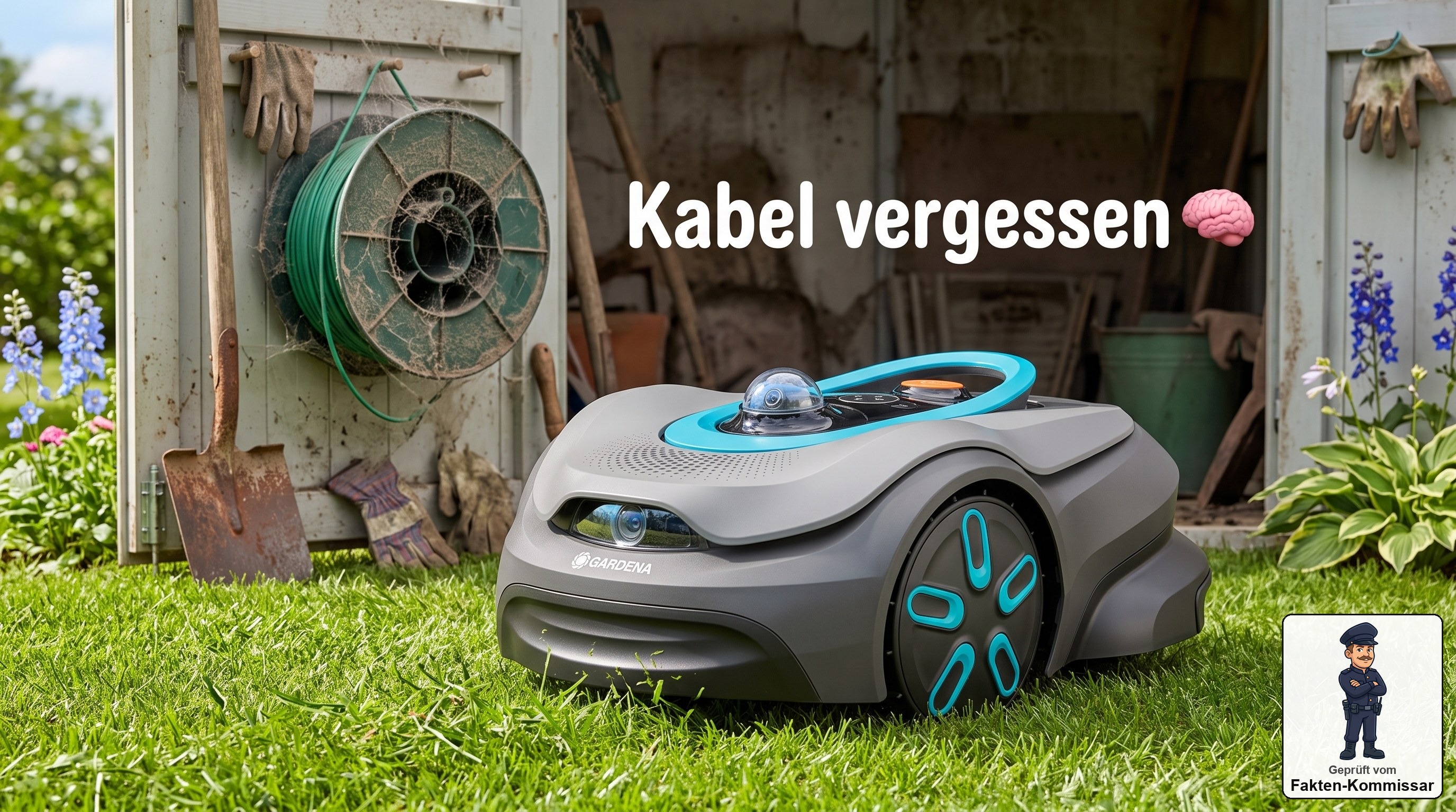 Gardena smart SILENO sense mäht kabellos, während eine ungenutzte Kabelrolle im Hintergrund hängt
