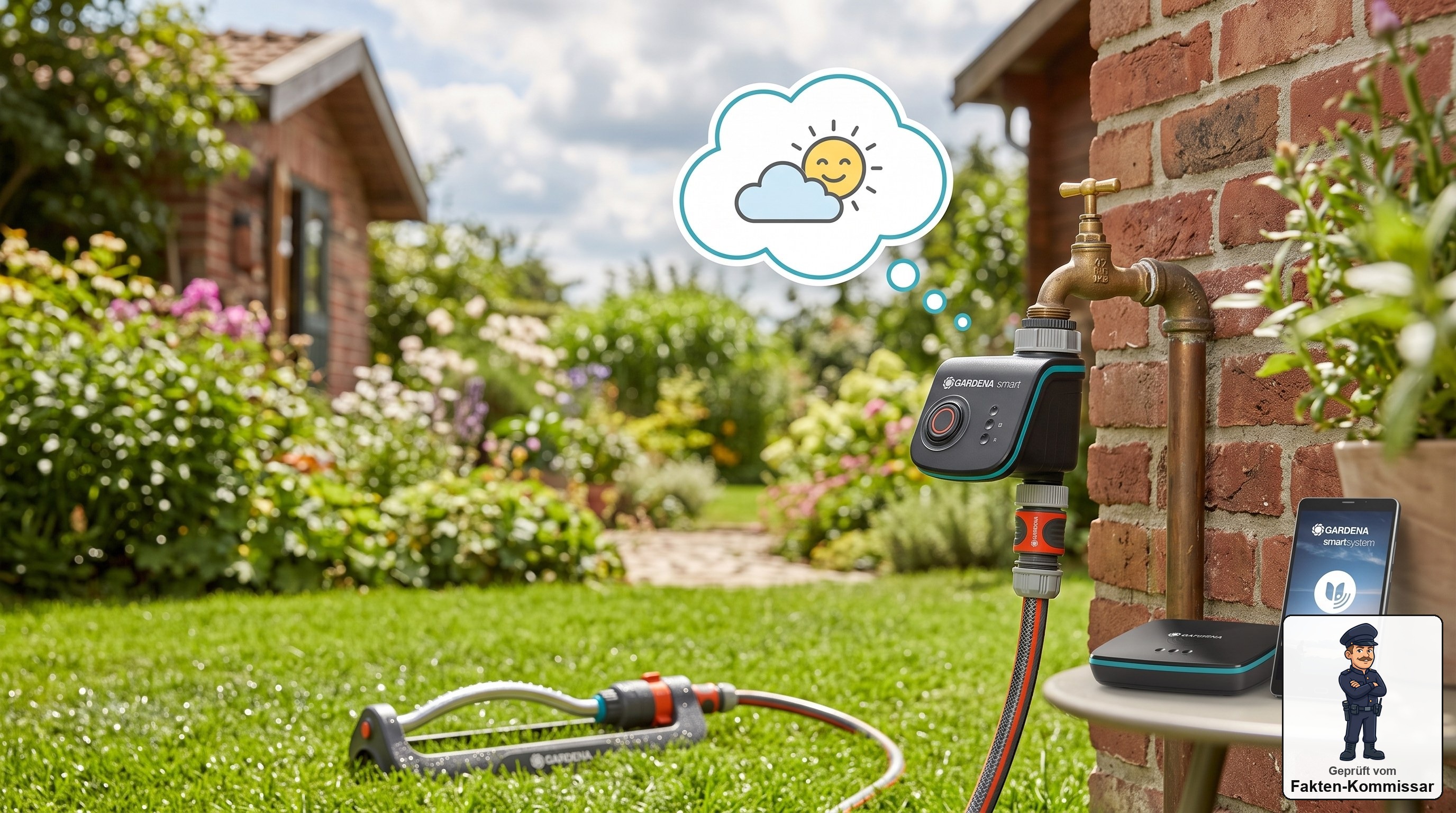 Gardena smart Water Control am Wasserhahn prüft symbolisch das Wetter, bevor sie den Rasen bewässert