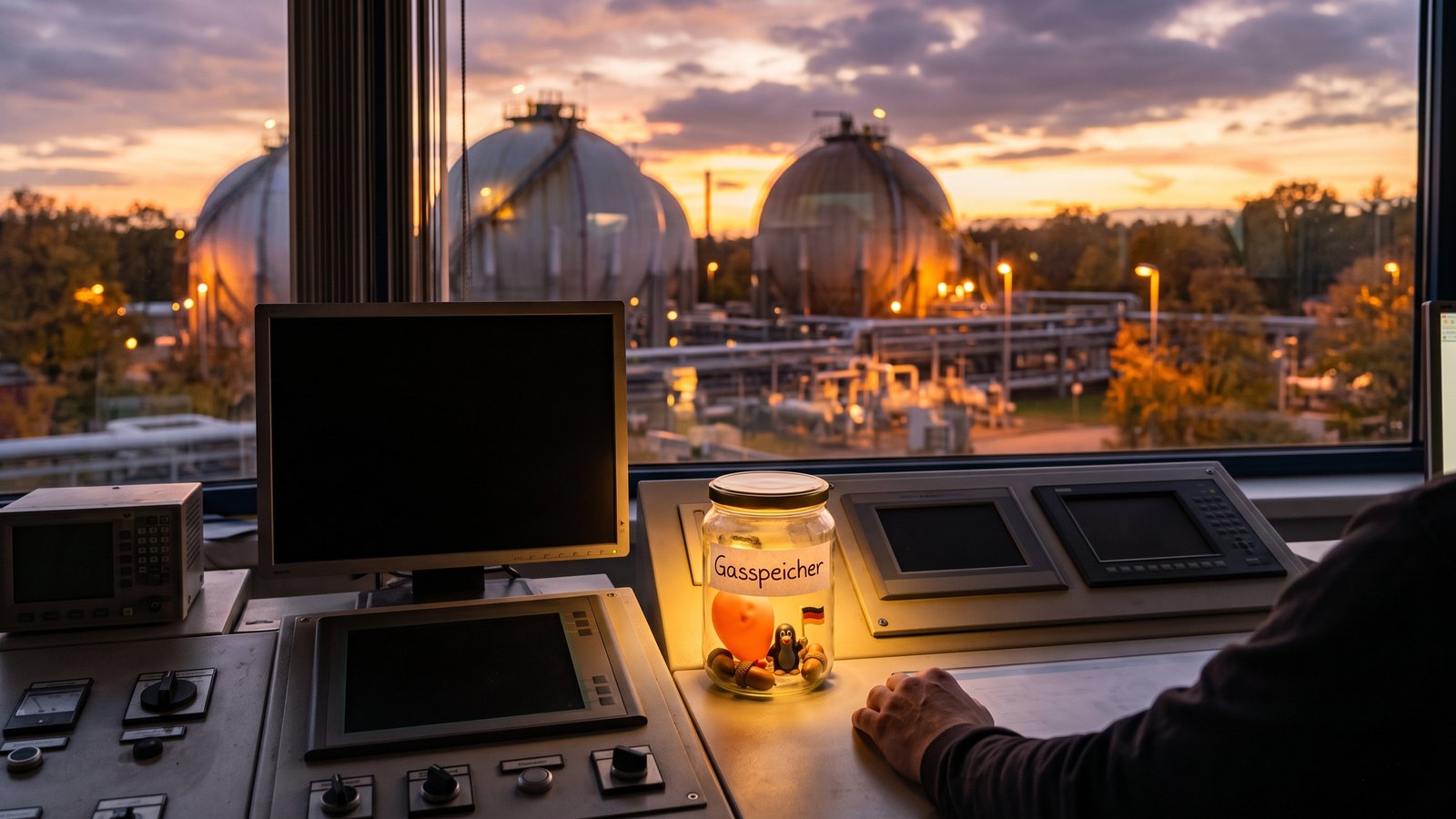 Industrielle Gasspeicheranlage in der Abenddämmerung, Symbolbild für niedrige Gasspeicher-Füllstände vor dem Winter