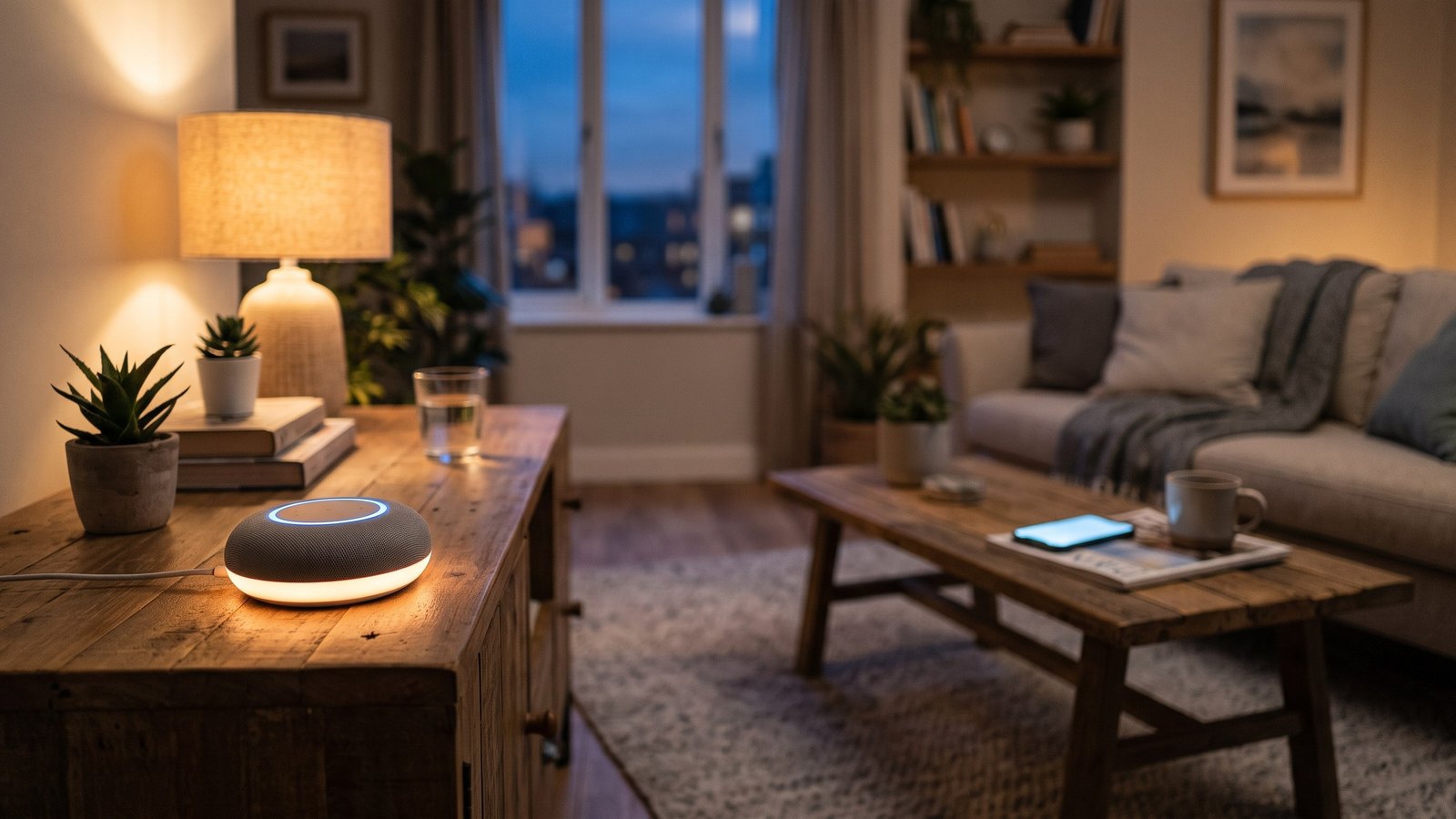 Symbolbild: Smart-Home-Lautsprecher und Smartphone in warmem Abendlicht