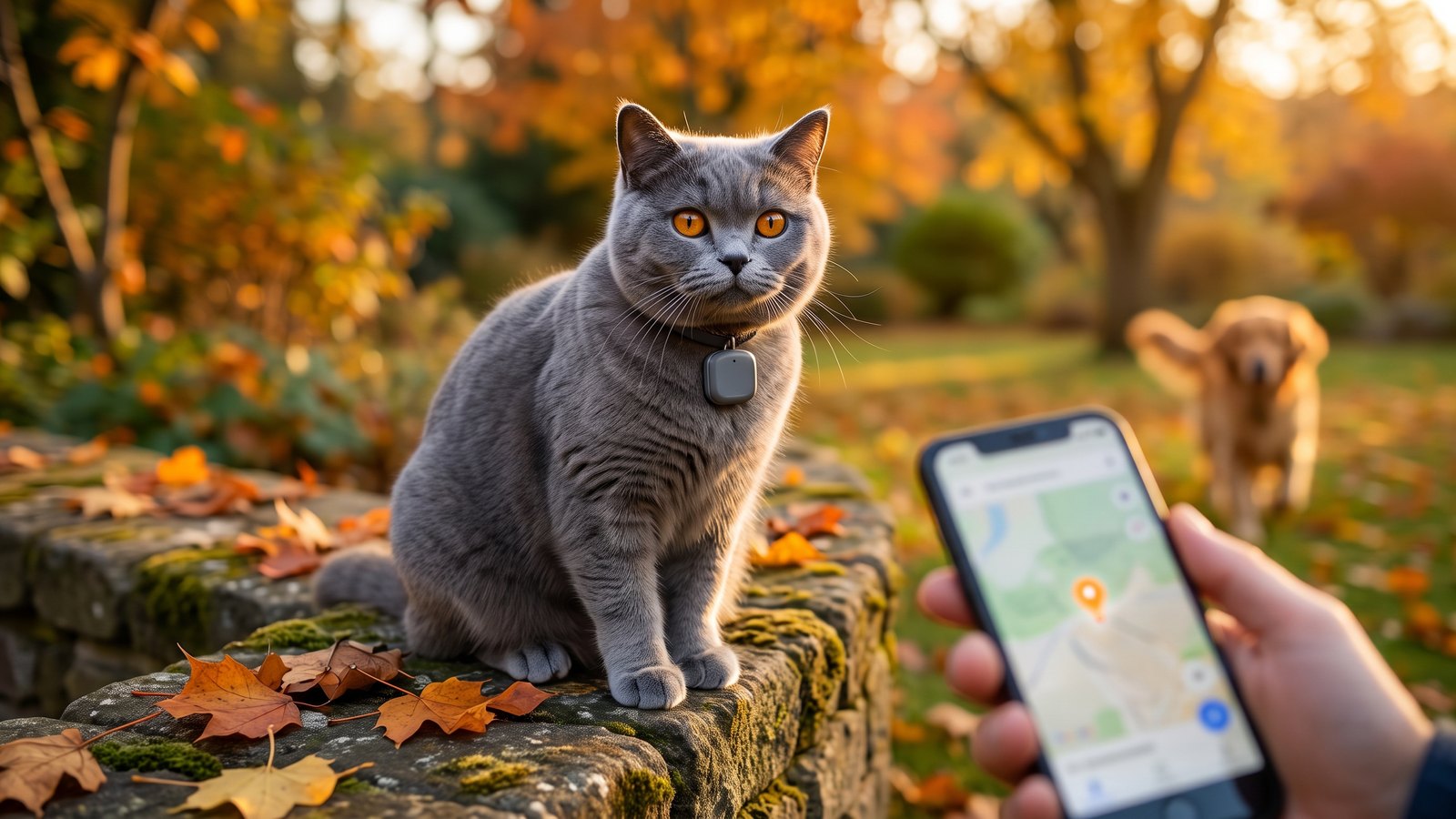 Graublaue Britisch-Kurzhaar-Katze mit kleinem GPS-Tracker am Halsband auf einer Gartenmauer im Herbst, im Vordergrund ein Smartphone mit Kartenansicht