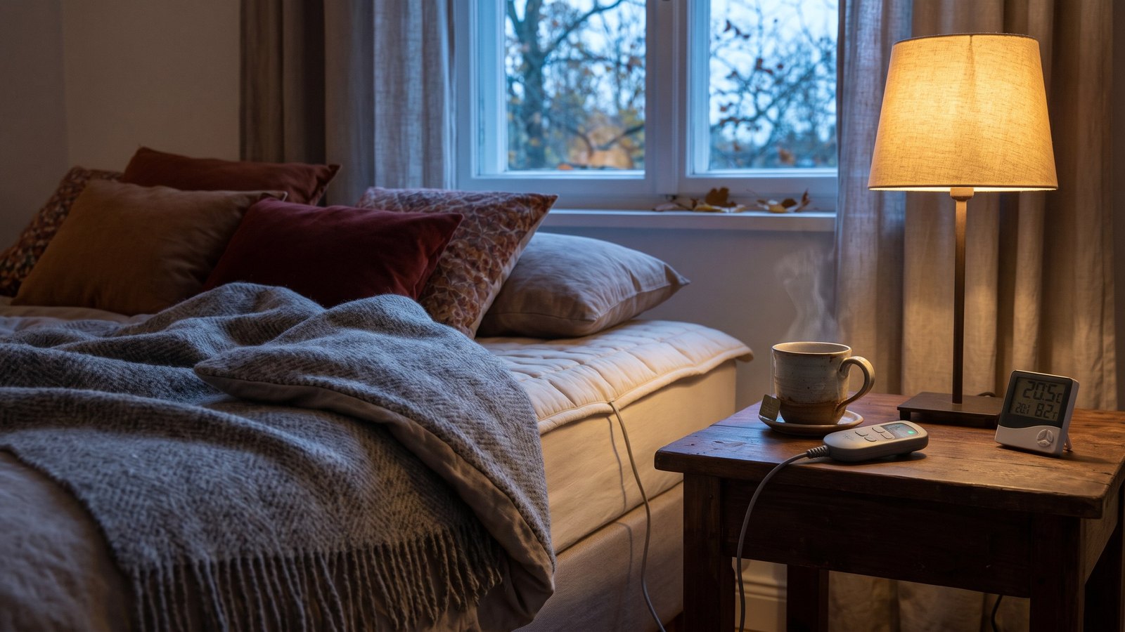 Schlafzimmer am Abend mit Wärmeunterbett, Wolldecke, Bedienteil und Funk-Thermometer auf dem Nachttisch