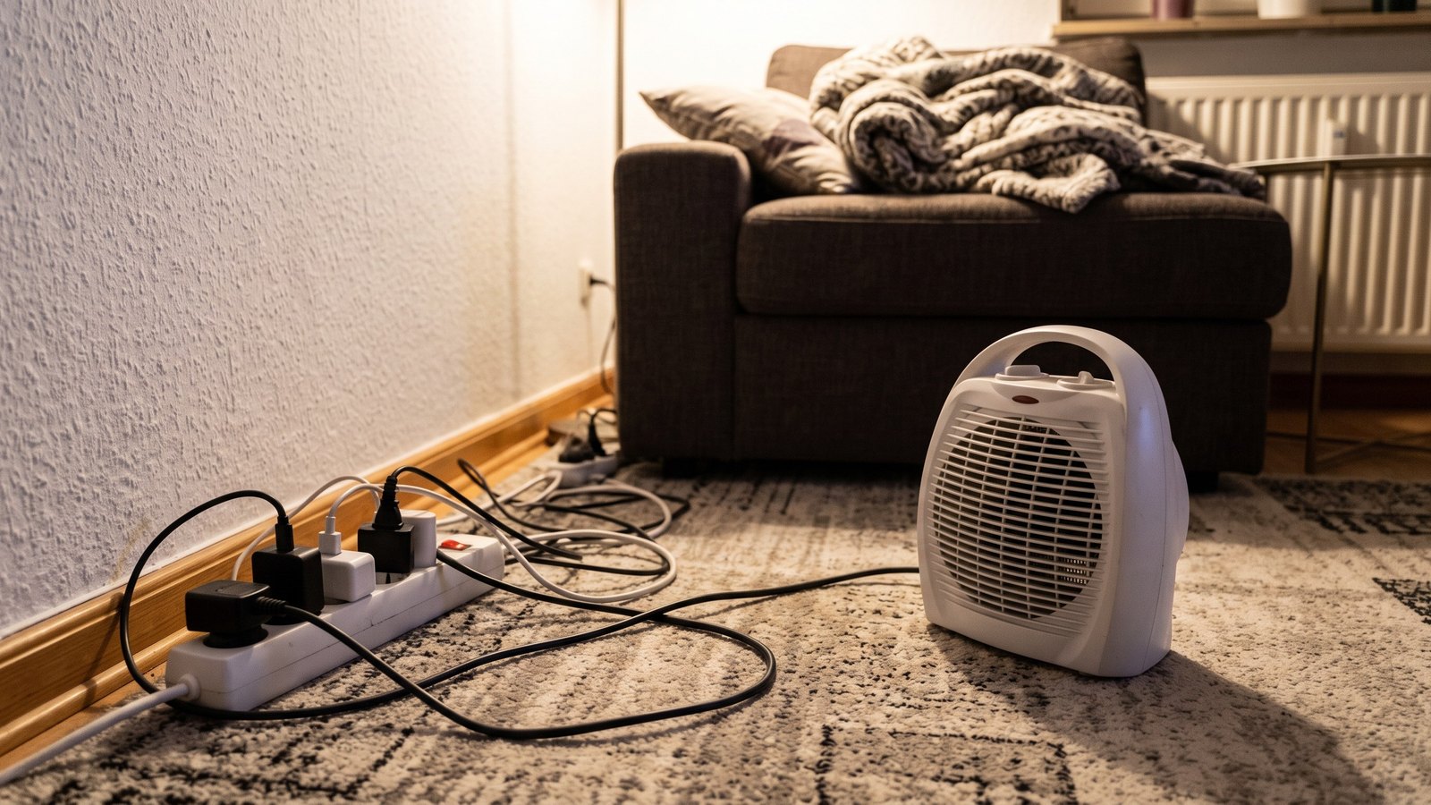 Weißer Heizlüfter auf dem Wohnzimmerteppich, dessen Kabel in eine überladene Mehrfachsteckdose an der Wand führt