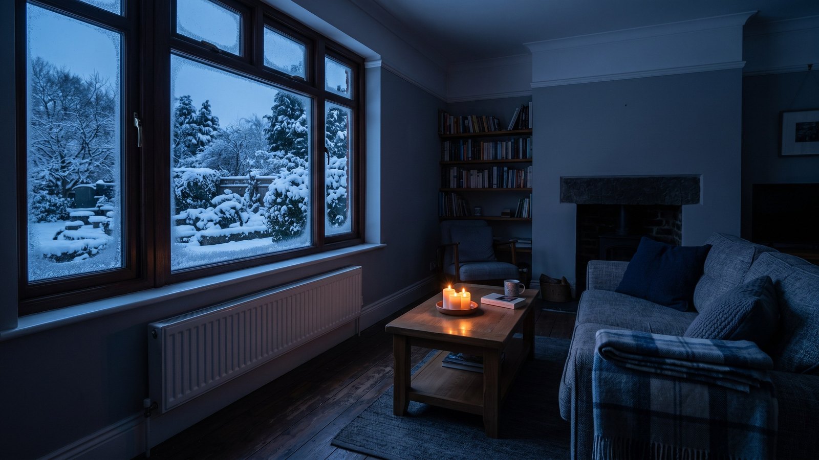 Dunkles Wohnzimmer im Winter bei Stromausfall: Kerzenlicht auf dem Tisch, unter dem vereisten Fenster ein Heizkörper