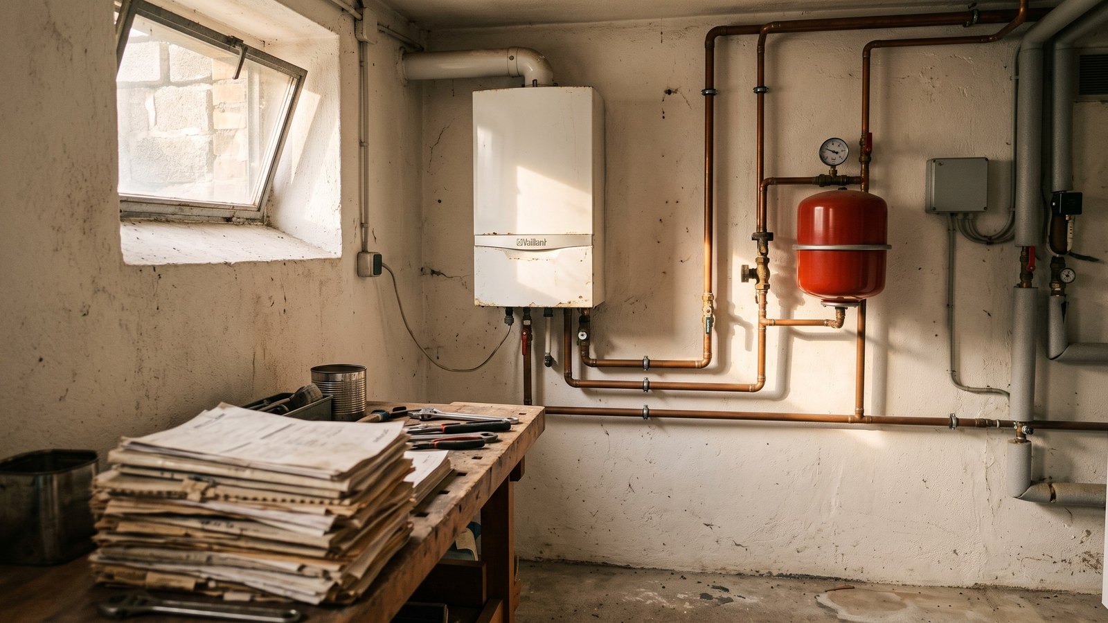 Heizungsraum in einem Einfamilienhaus mit älterem weißen Gas-Wandheizkessel, Kupferrohren und Manometer, seitlich einfallendes Tageslicht