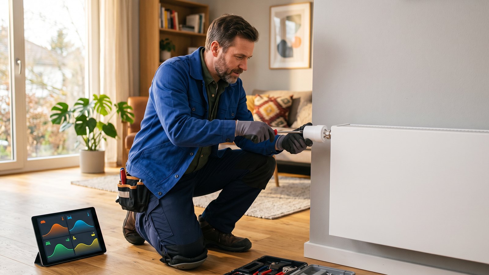 Symbolbild: Montage eines smarten Heizkörperthermostats, im Hintergrund eine App mit Temperaturkurven