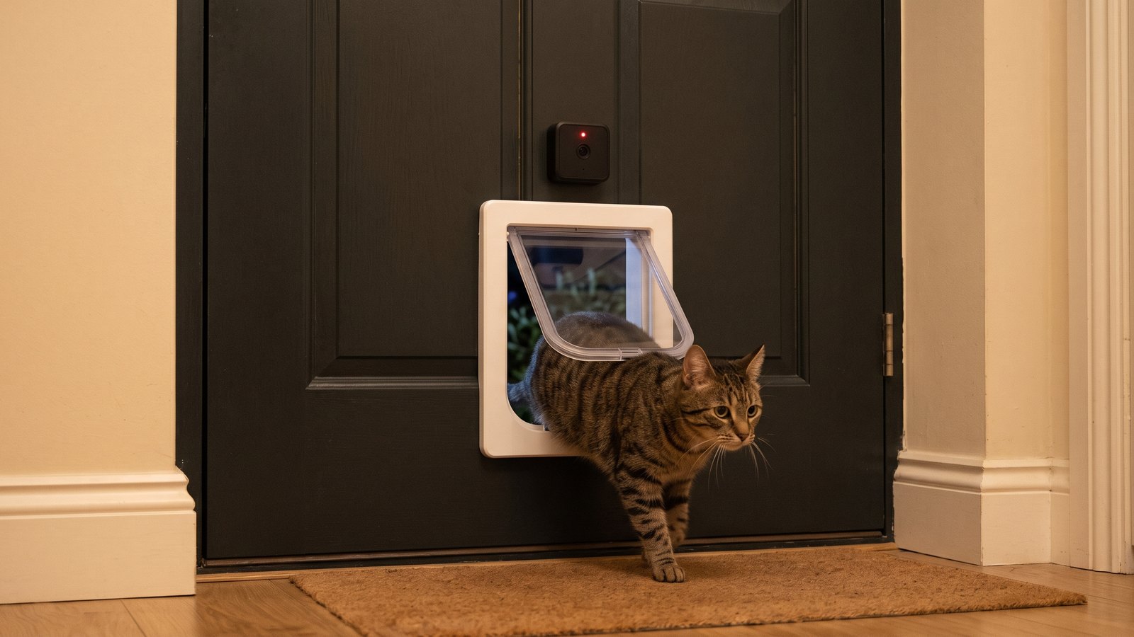 Getigerte Katze kommt abends durch eine weiße Katzenklappe in einer dunklen Haustür, darüber ein kleines Kameramodul mit roter Infrarot-LED