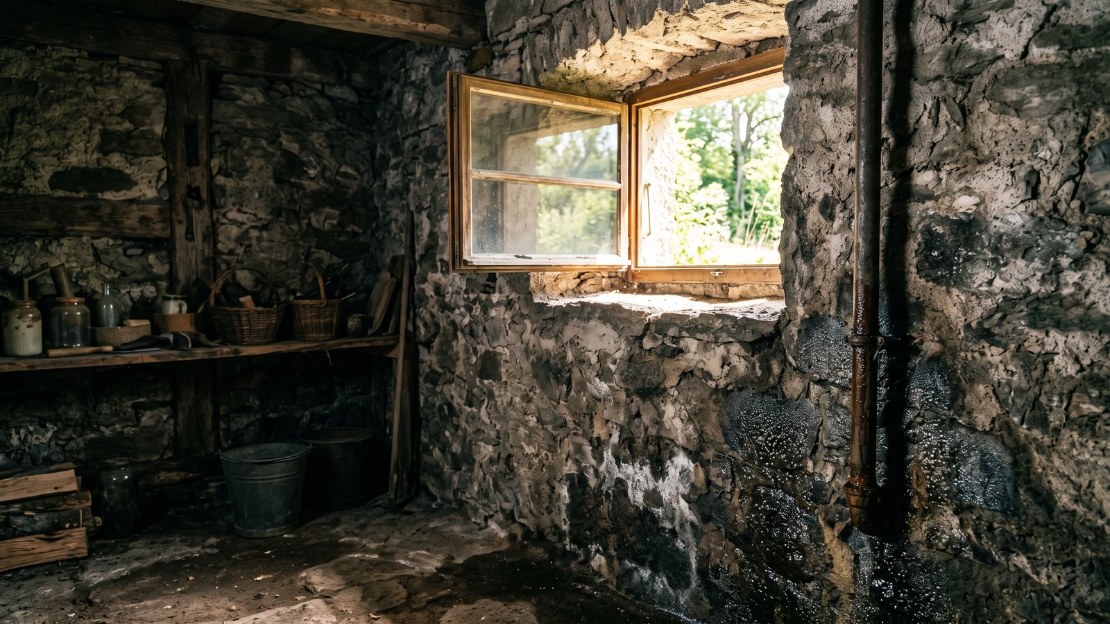 Alter Kellerraum mit Natursteinmauerwerk, ein geöffnetes Kellerfenster lässt an einem Sommertag warme Luft herein, an der kühlen Wand und am Rohr steht Kondenswasser