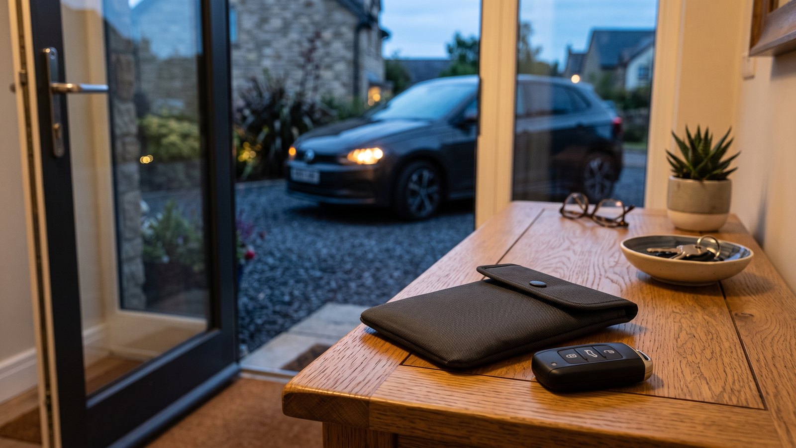 Autoschlüssel mit Keyless-Go-Funktion neben einem signalabschirmenden Etui, Symbolbild für Relay-Angriff-Schutz