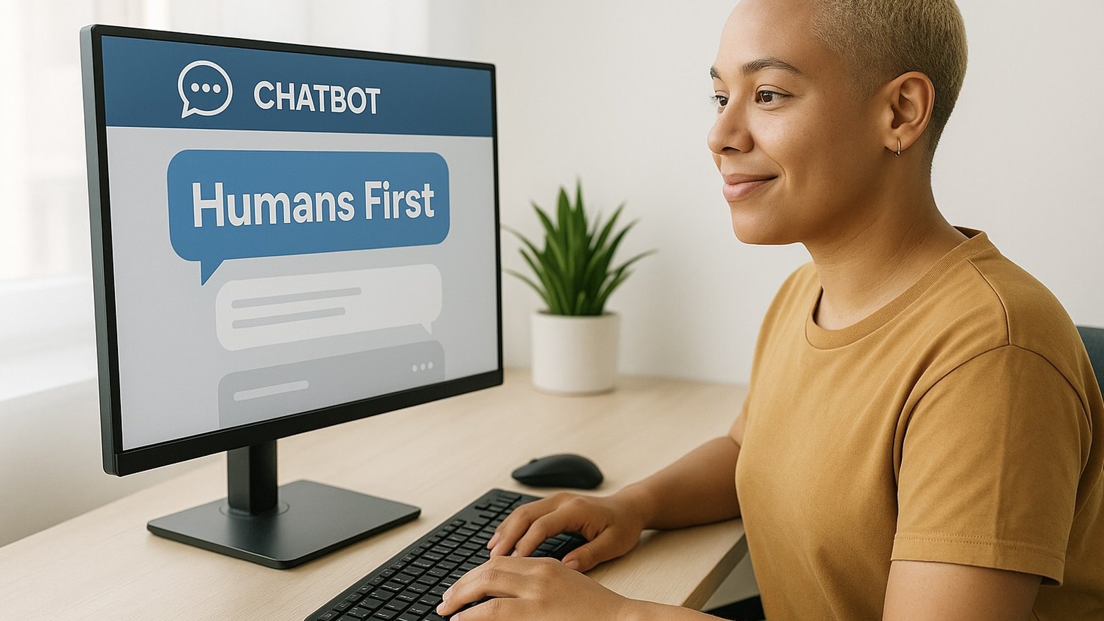 Person nutzt an einem Schreibtisch einen KI-Chatbot am Monitor, Symbolbild zum Vergleich der kostenlosen KI-Tarife im August 2026