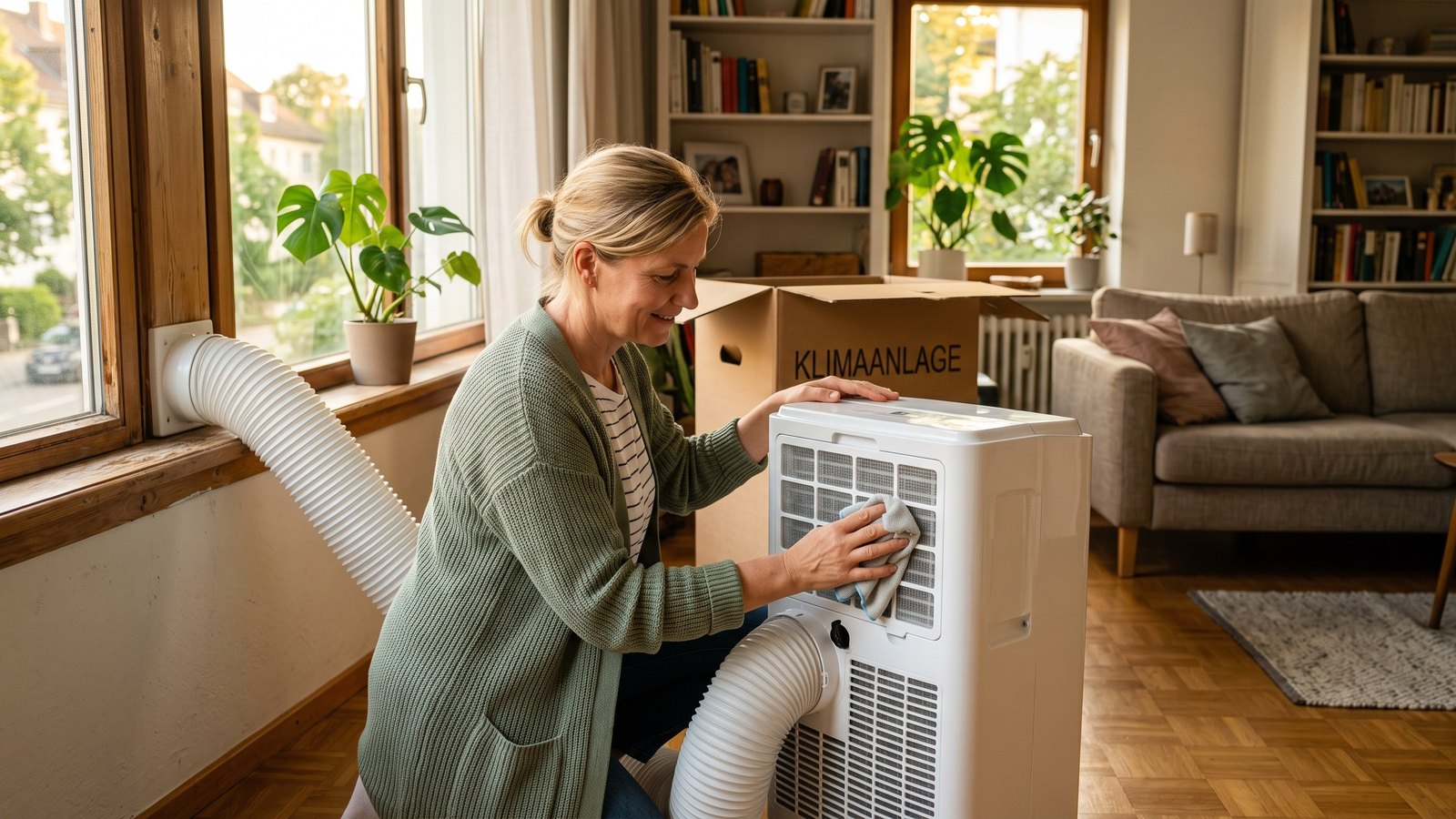 Mobile Klimaanlage wird am Saisonende gereinigt und für die Einlagerung vorbereitet, Symbolbild