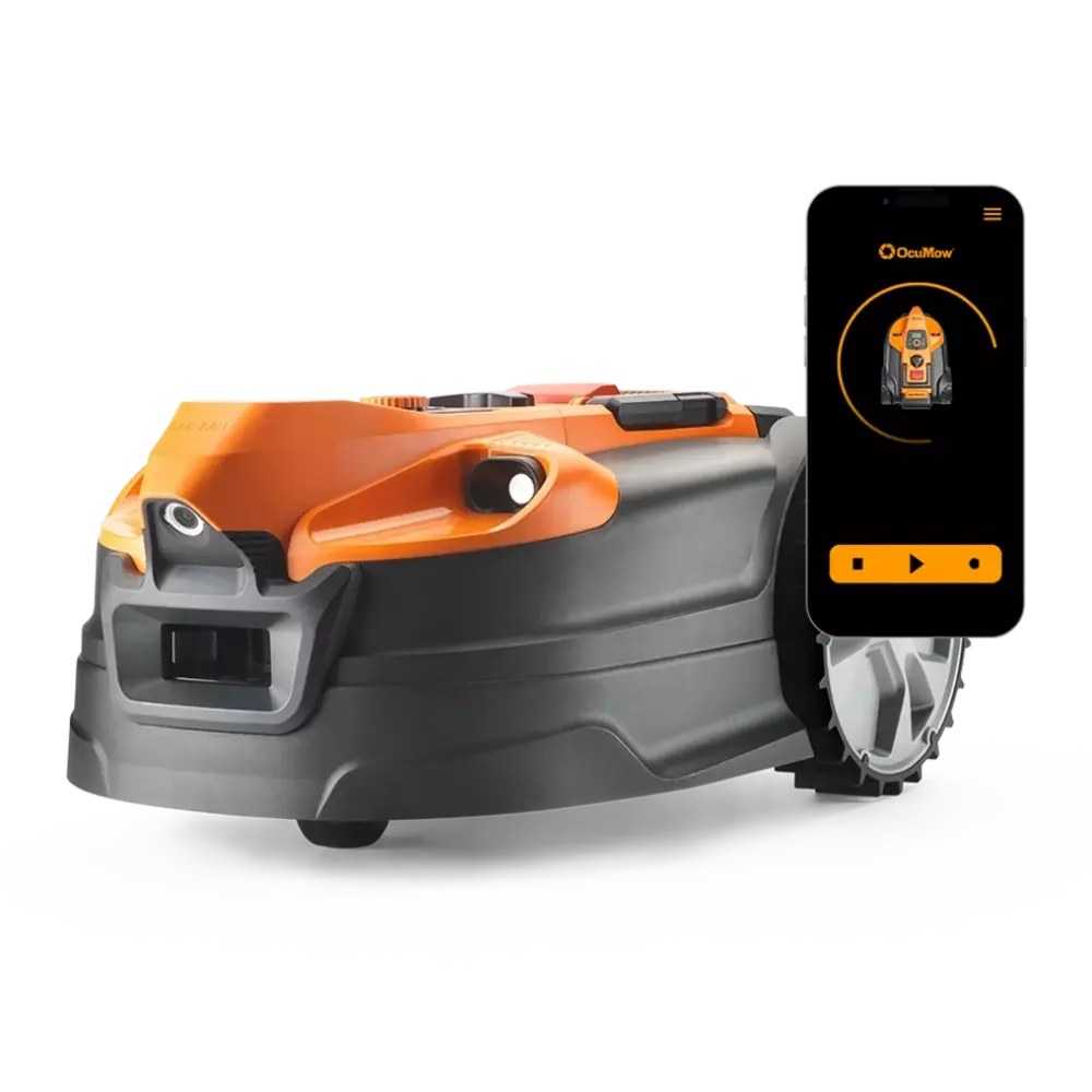 LawnMaster OcuMow 18 Plus Mähroboter mit Kamera auf weißem Hintergrund