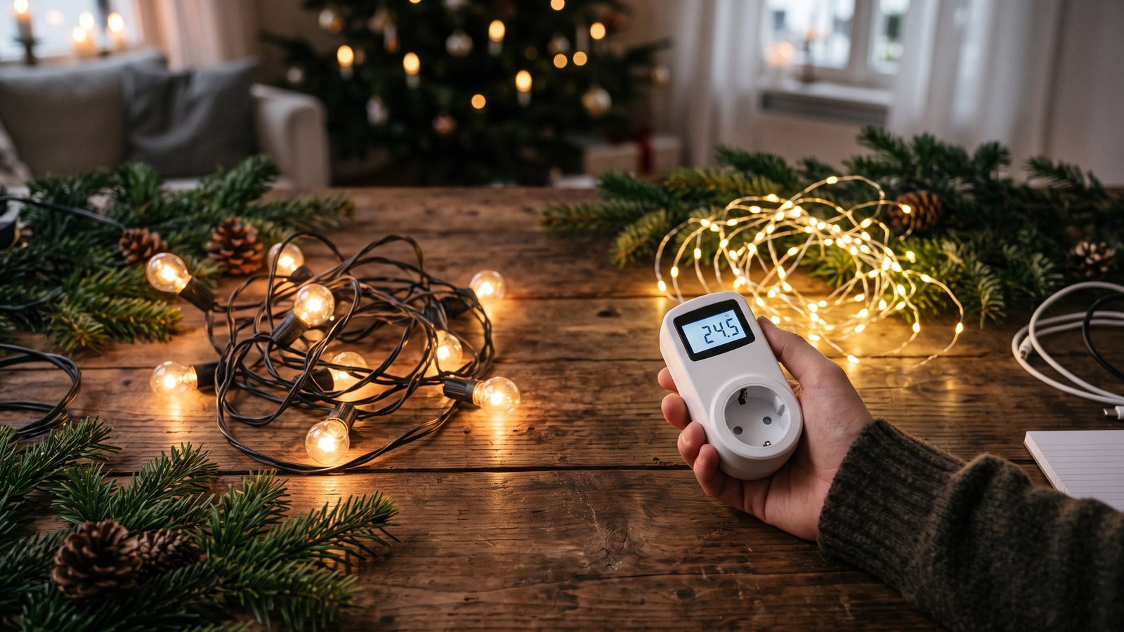 Alte Lichterkette mit Glühlämpchen und LED-Lichterkette auf einem Holztisch, daneben ein Zwischenstecker mit Verbrauchsanzeige
