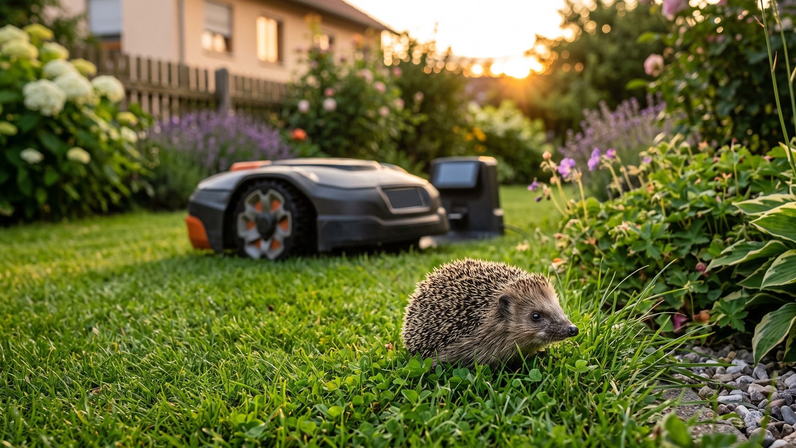 Igel im Gras am Rand eines Gartens in der Abenddämmerung, im Hintergrund unscharf ein Mähroboter