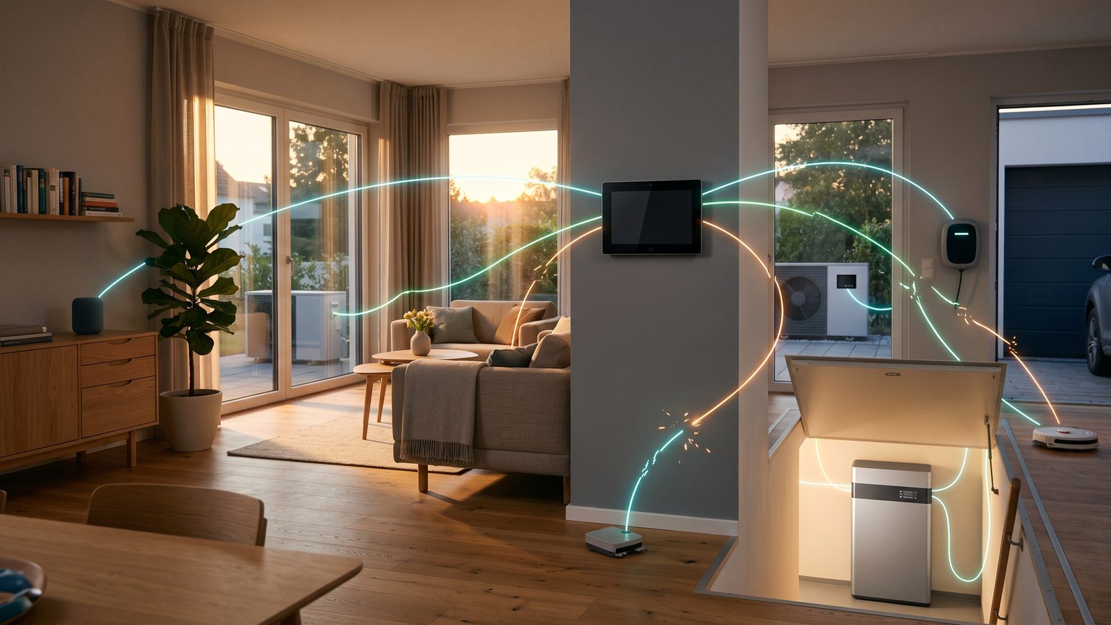 Symbolbild eines vernetzten Zuhauses mit Wärmepumpe, Wallbox und Batteriespeicher, zwischen denen leuchtende Datenlinien teils verbunden und teils unterbrochen sind