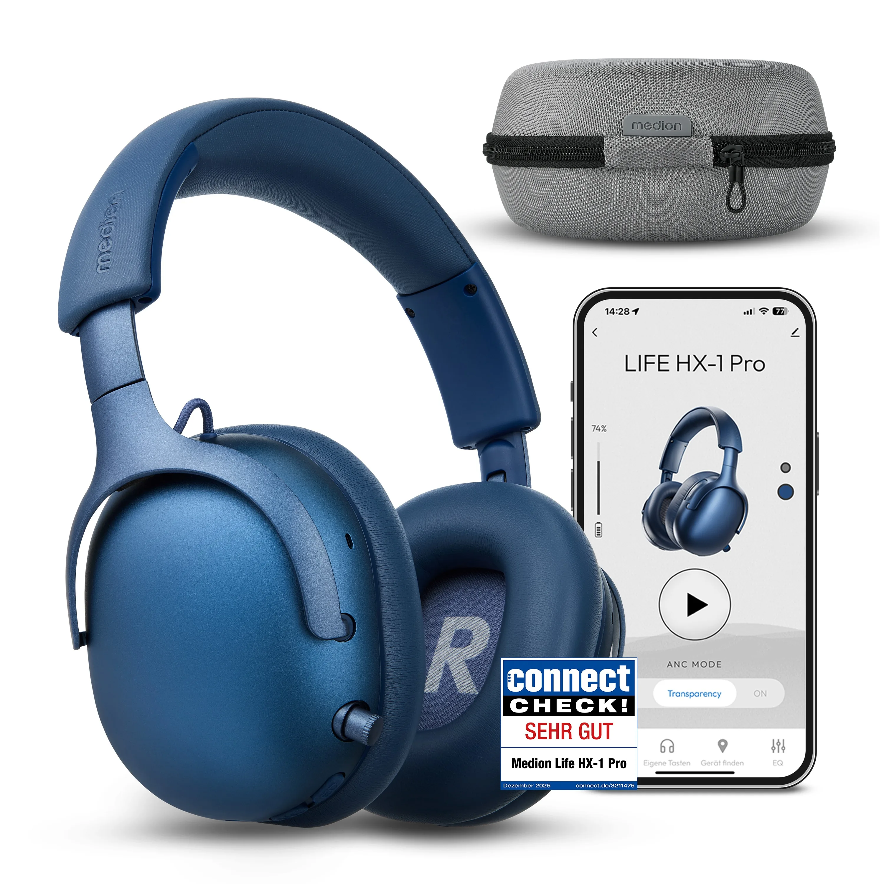 MEDION Over Ear-Kopfhörer LIFE HX-1 Pro blau, bis zu 190 Stunden Akkulaufzeit, Hybrid