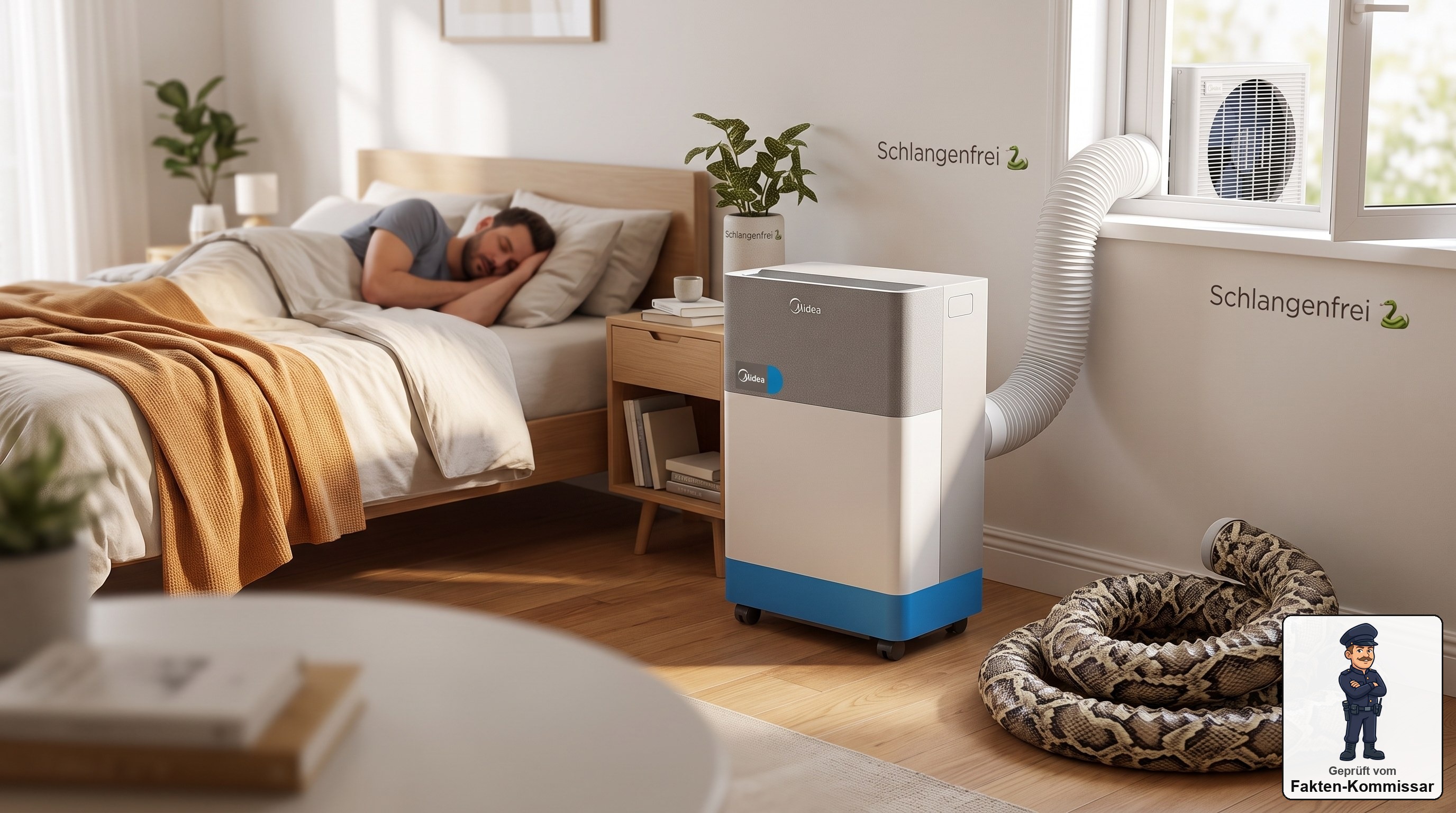 Midea PortaSplit Cool ohne Abluftschlauch neben einem schlafenden Menschen