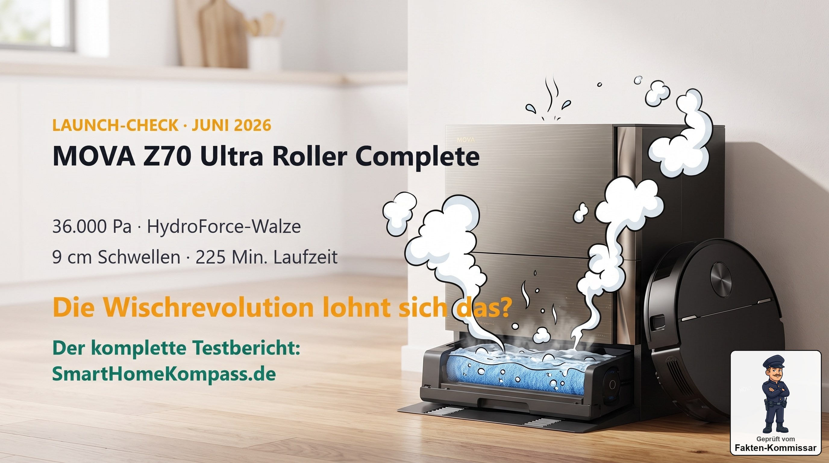 MOVA Z70 Ultra Roller Complete an der Basisstation, die die Walze mit heißem Wasser reinigt