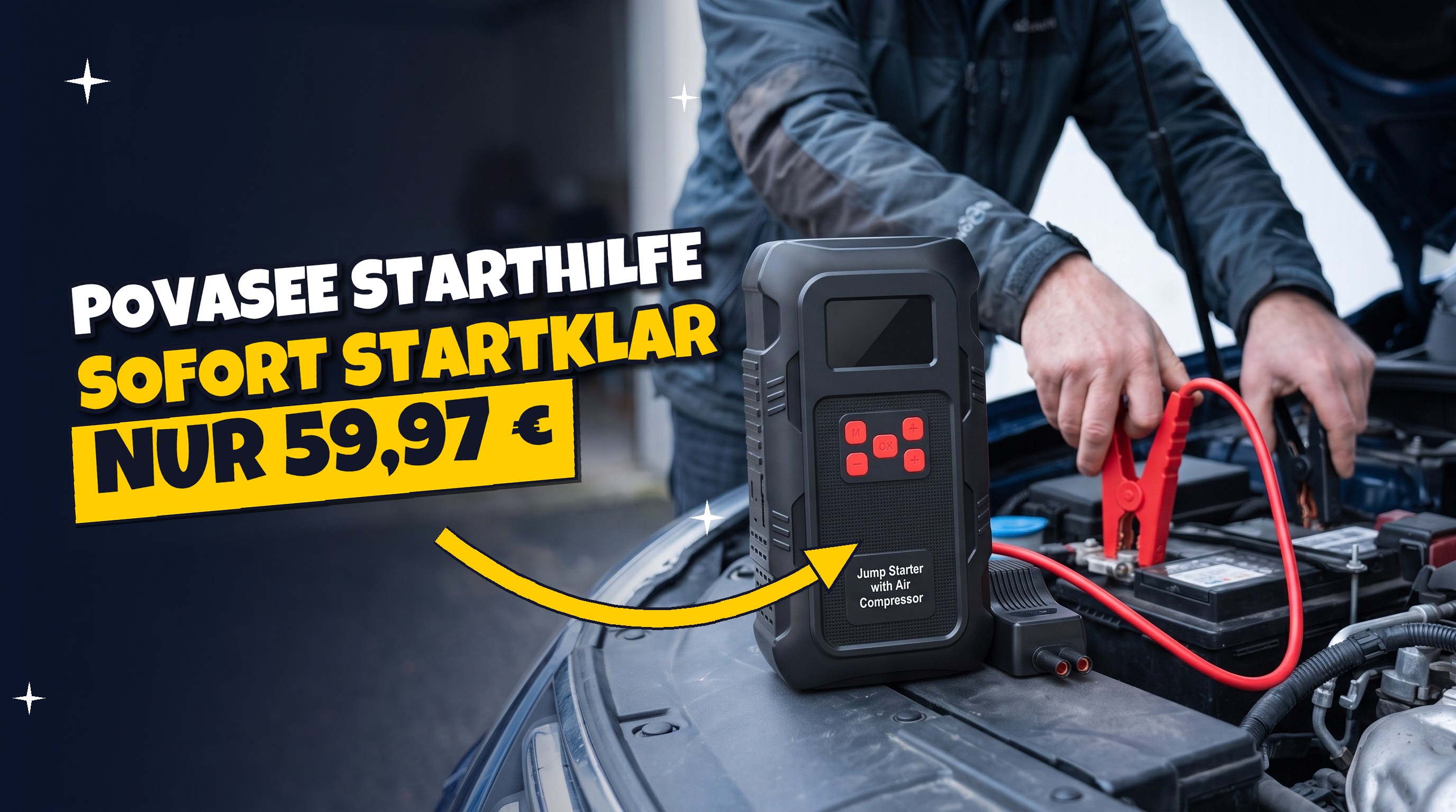 Starthilfe-Held 🚗 Povasee Starthilfe Powerbank für Pkw mit Kompressor – nur 59,97 €
